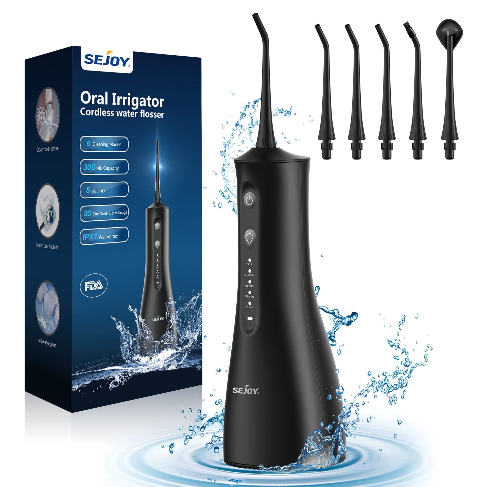 Water Dental Flosser Cordless Rechargeable Oral Irrigator 5 Modes 5 Tips IPX7 Waterproof Teeth Cleaner - Black C11