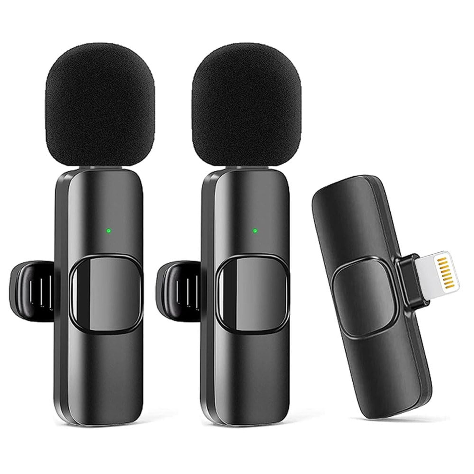 2 Pack Wireless Clip-On Lavalier Microphones for iPhone/iPad – Noise Reduction, Plug & Play, 8hr Battery, Ideal for Vlogging & Streaming