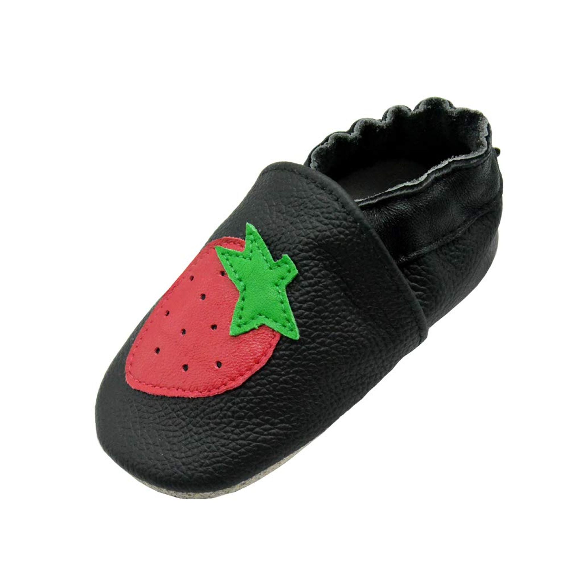 Baby Toddler Soft Leather Moccasins Non-Slip Sole Prewalker Shoes - Black Strawberry 6-12 Months