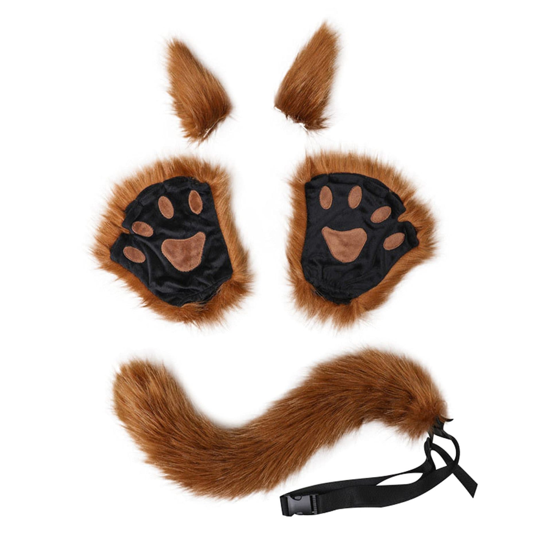 Anime Animal Costume Set Faux Fur Paws Tail Ears Hair Clips 5 Piece Cosplay Accessory - F Brown L