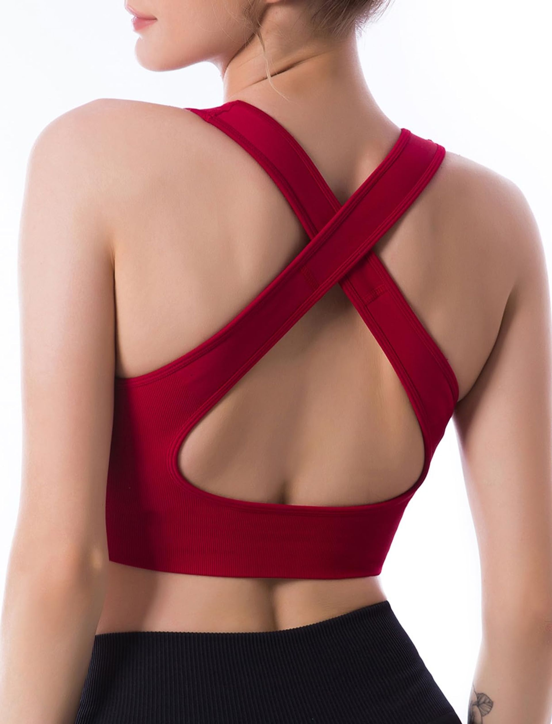 Women's Seamless Sports Bra Non-Wired Cross Back Yoga Fitness Crop Top - Wine Red S