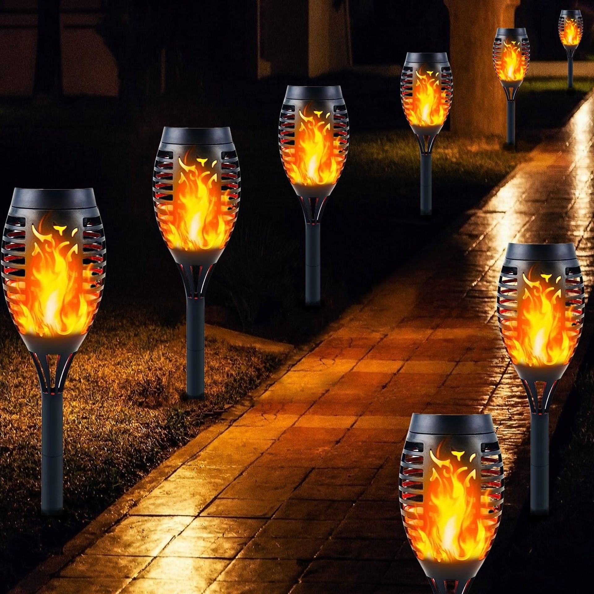 8 Pack Solar Garden Flame Lights Outdoor Waterproof LED Torches with Flickering Warm Glow for Pathways, Patios & Landscapes