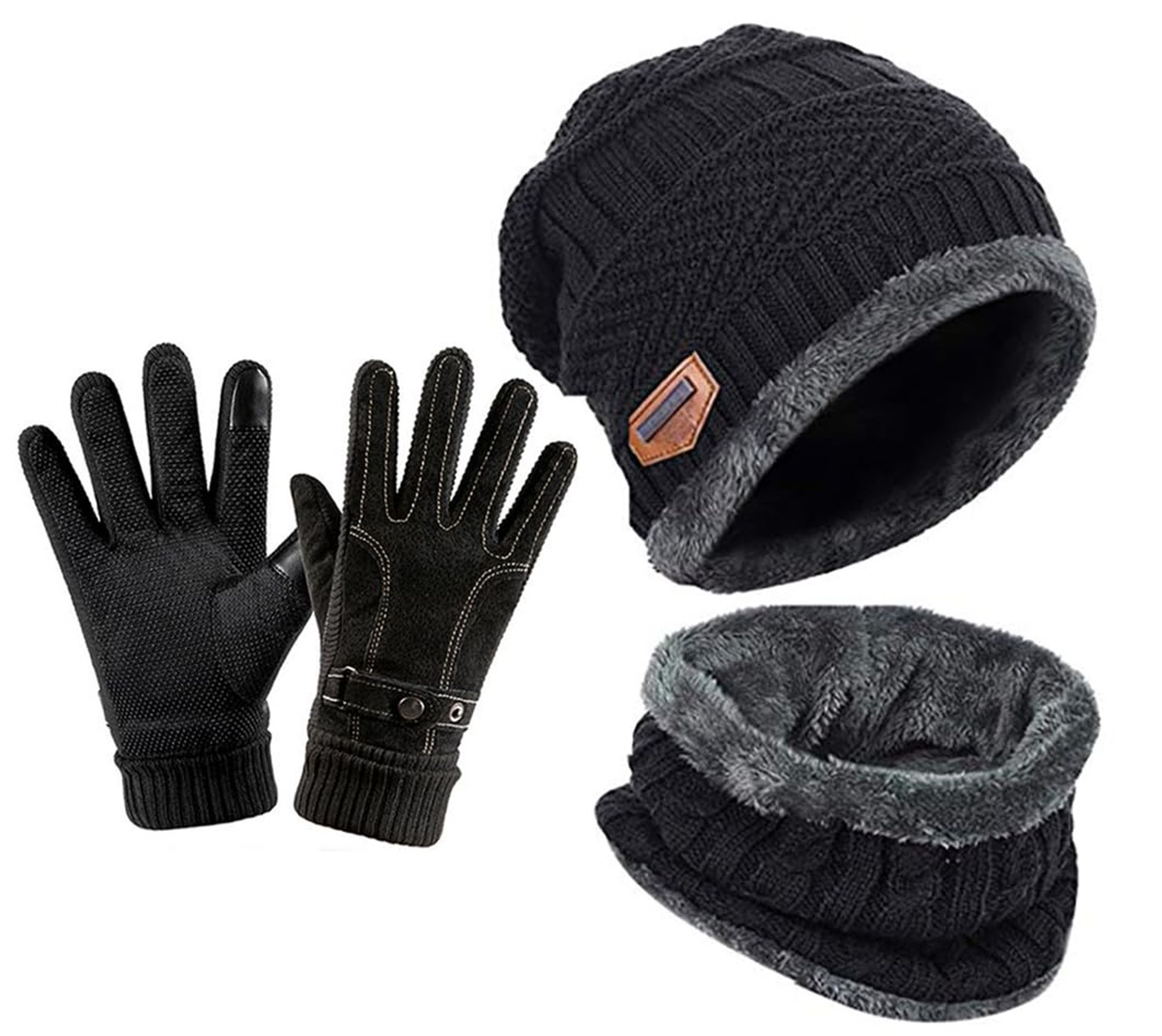 Winter Beanie Hat Scarf and Touch Screen Gloves Set Knitted Warm Unisex - Black One Size