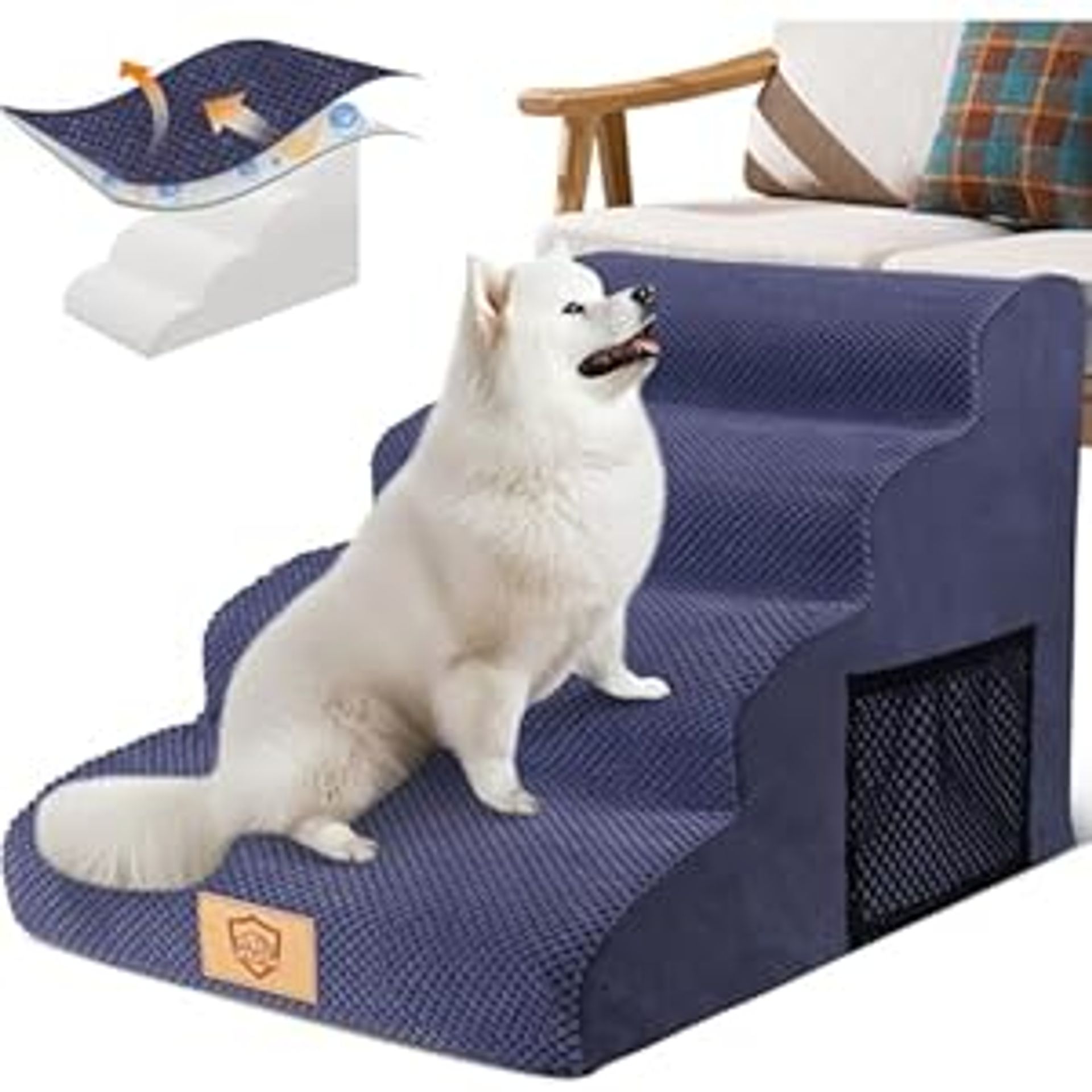 4-Step Non-Slip Dog Steps for Sofa & Bed, High Density Foam Pet Stairs with Washable Cover, Ideal for Small, Elderly & Injured Pets Blue, 73x40x51cm