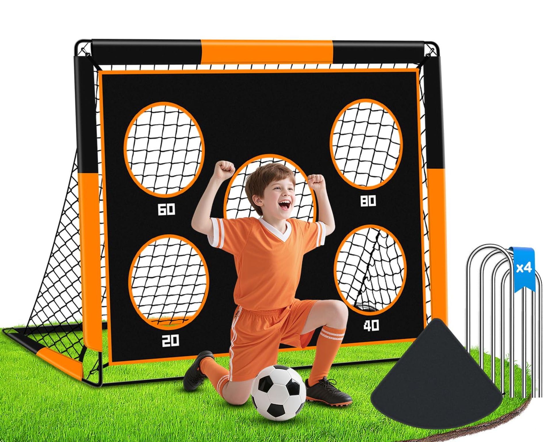 2-in-1 Football Goal for Kids Pop Up Soccer Net with Target Sheet Foldable Training Set for Indoor & Outdoor Play - Orange 120x90x90cm