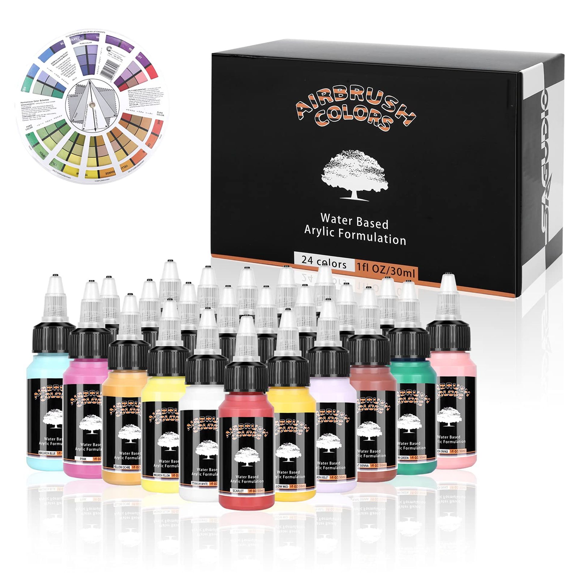 Airbrush Acrylic Paint Set 24 x 30ml Water-Based Quick Dry Colours with Colour Wheel - SD AWP-3024 30ml Pack of 24