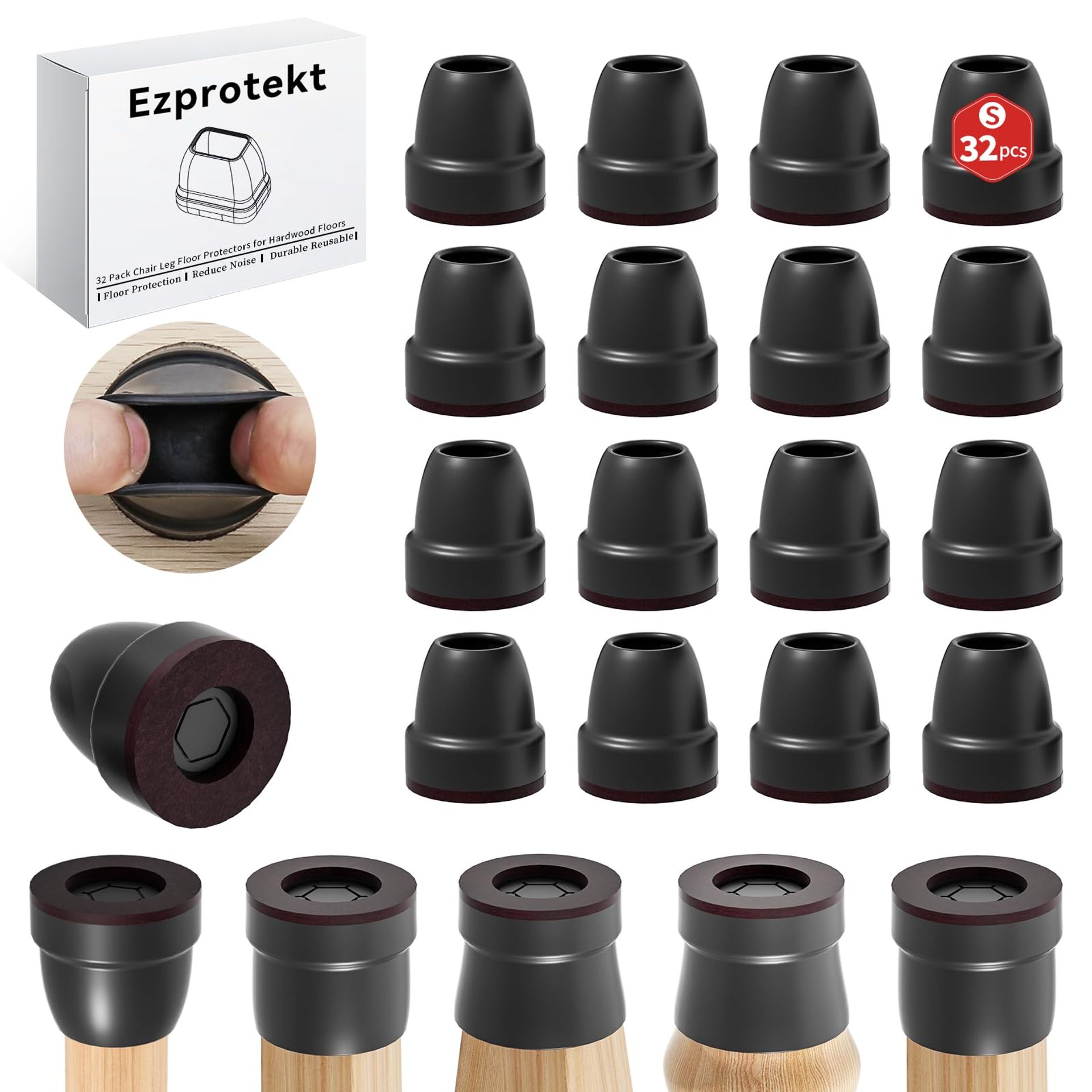 32 Pack Black Silicone Chair Leg Covers with Felt Pads – Anti Skid & No Noise Floor Protectors