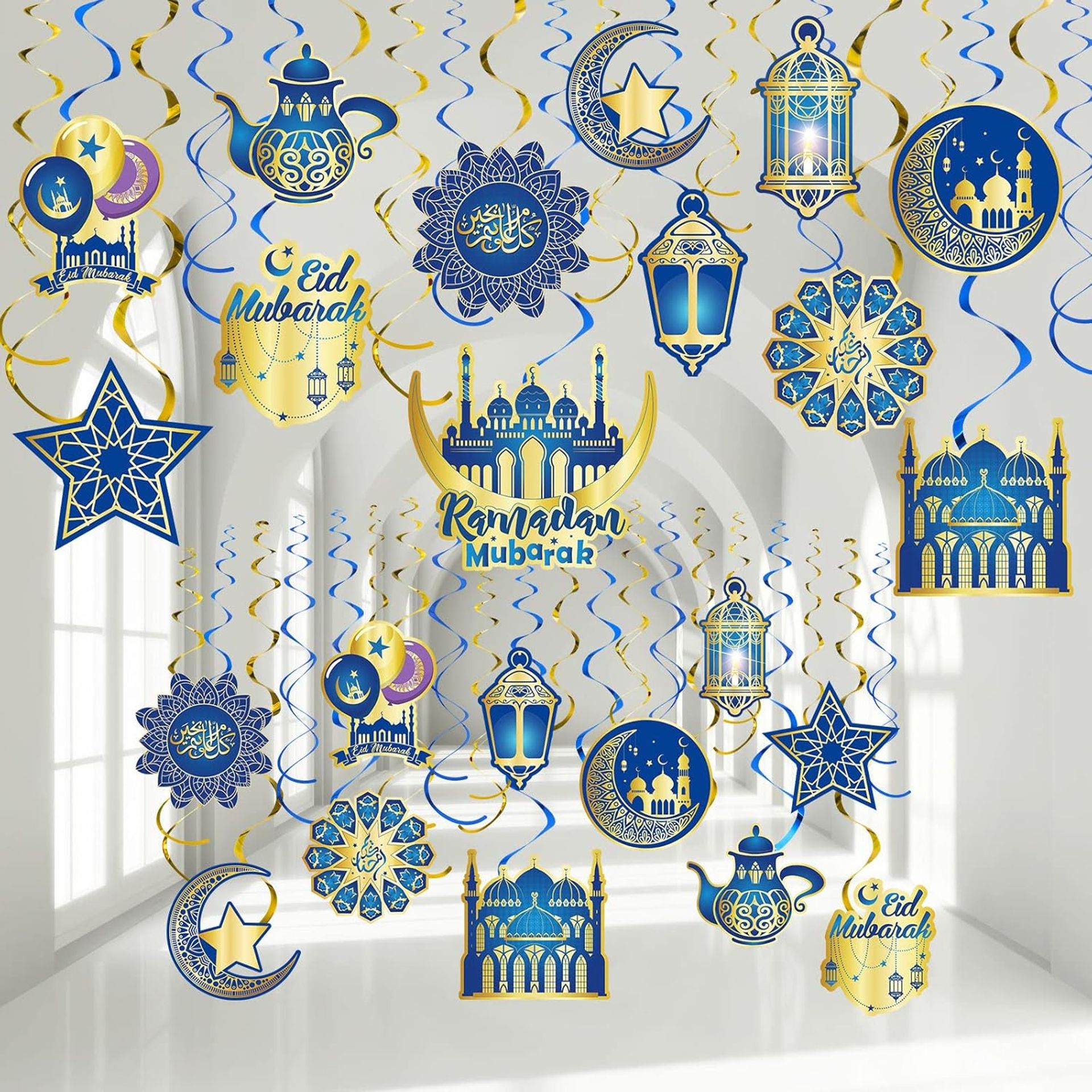 30-Piece Gold Star Moon Eid Mubarak Hanging Decorations for Ramadan Celebrations