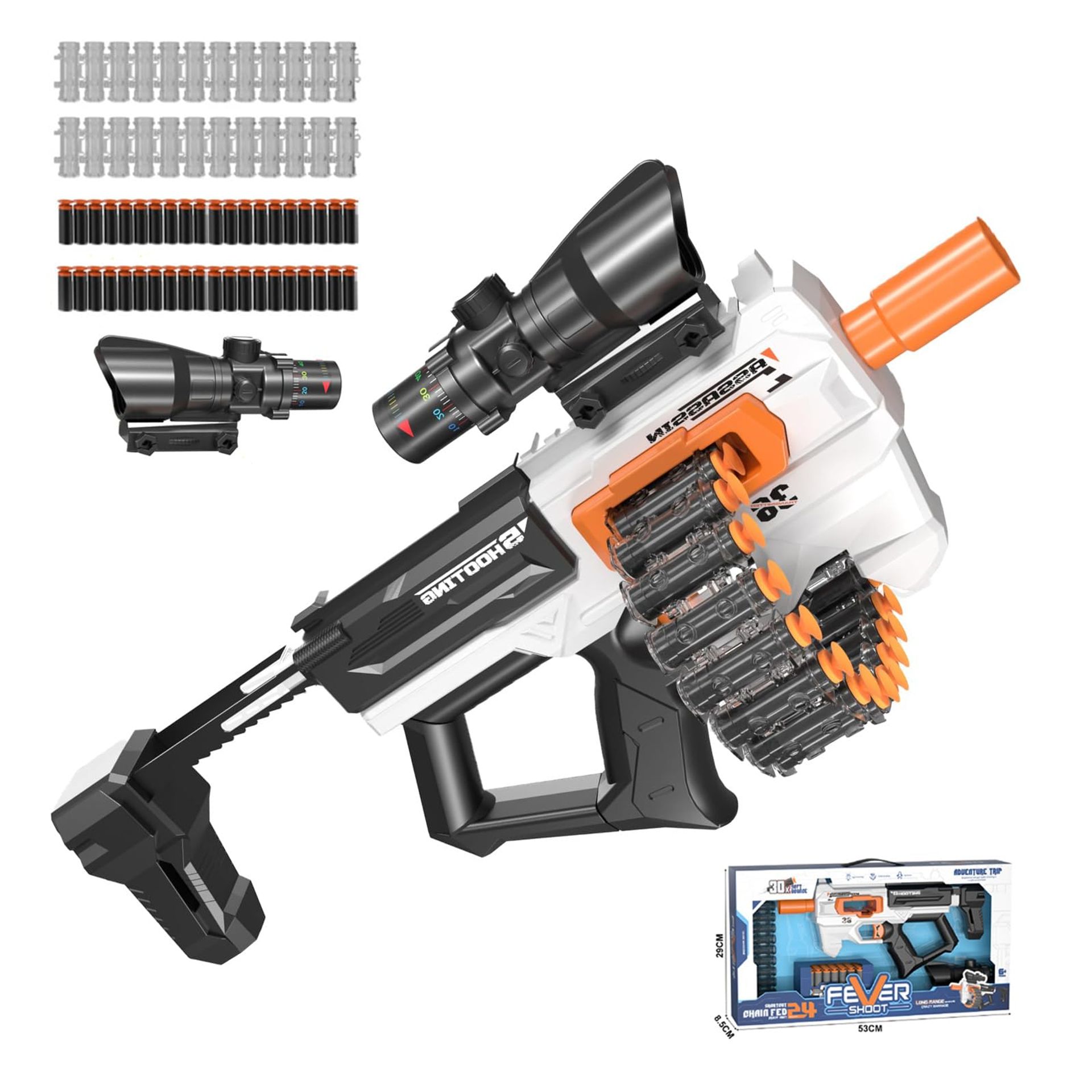 Foam Dart Toy Blaster Gun with Chain Mode, 40 Darts, 24 Clips & Scope – Safe Soft Bullet Toy for Kids Outdoor Play