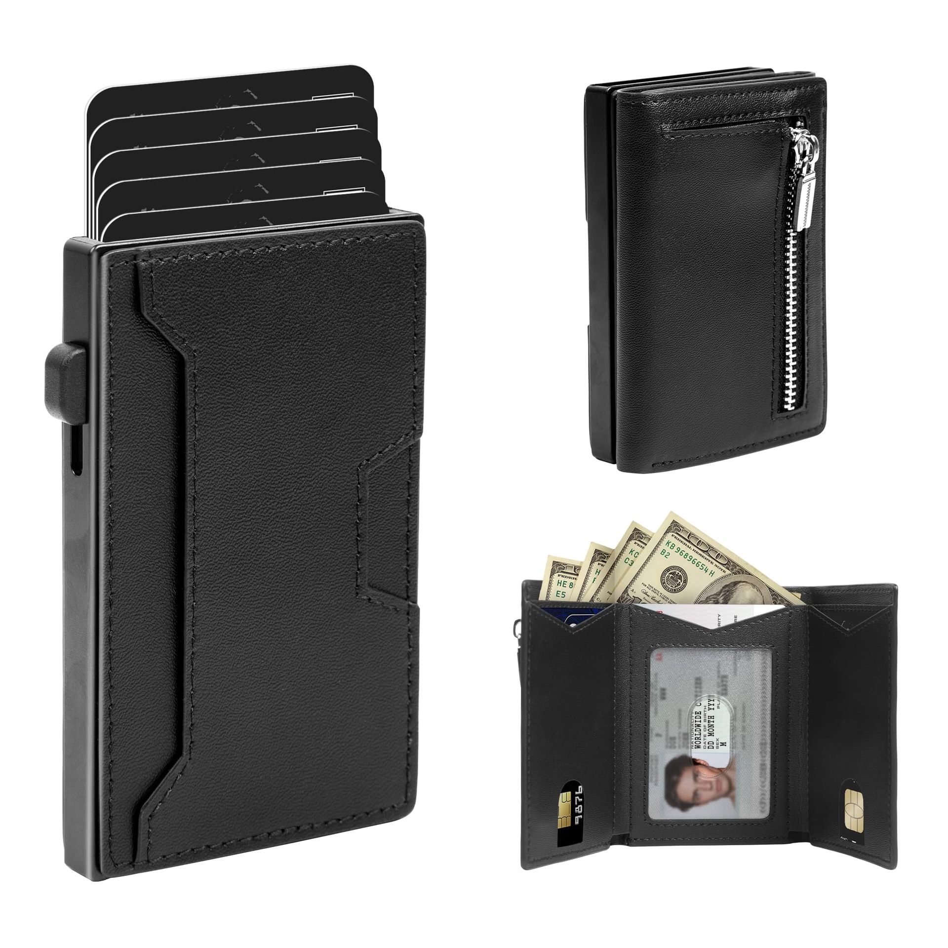 Men's RFID Blocking Wallet Compact Card Holder with Coin Pocket & ID Window 8-14 Card Capacity - Black
