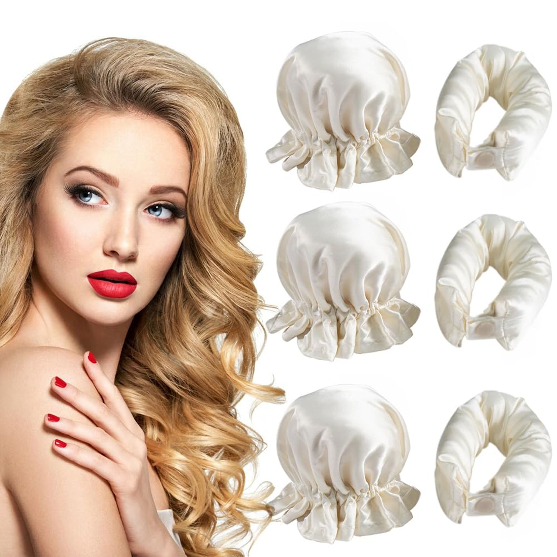 NuAngela Heatless Hair Curlers, 6Pcs Satin No Heat Curling Set, Headband & Cap for All Hair Types, DIY Overnight Curls
