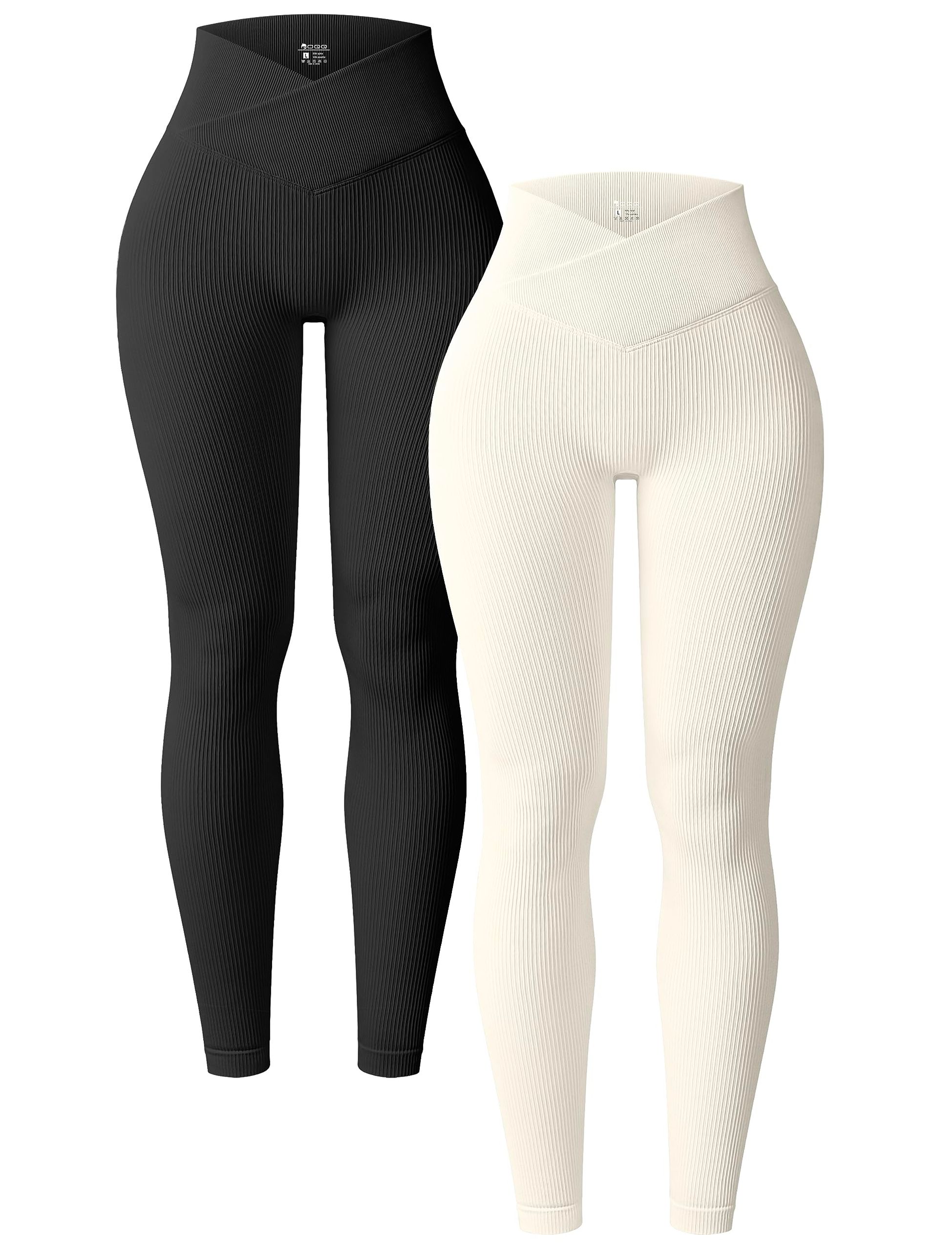 Women's 2 Piece Yoga Leggings Ribbed Seamless High Waist Cross Over Workout Tights - Black Beige S