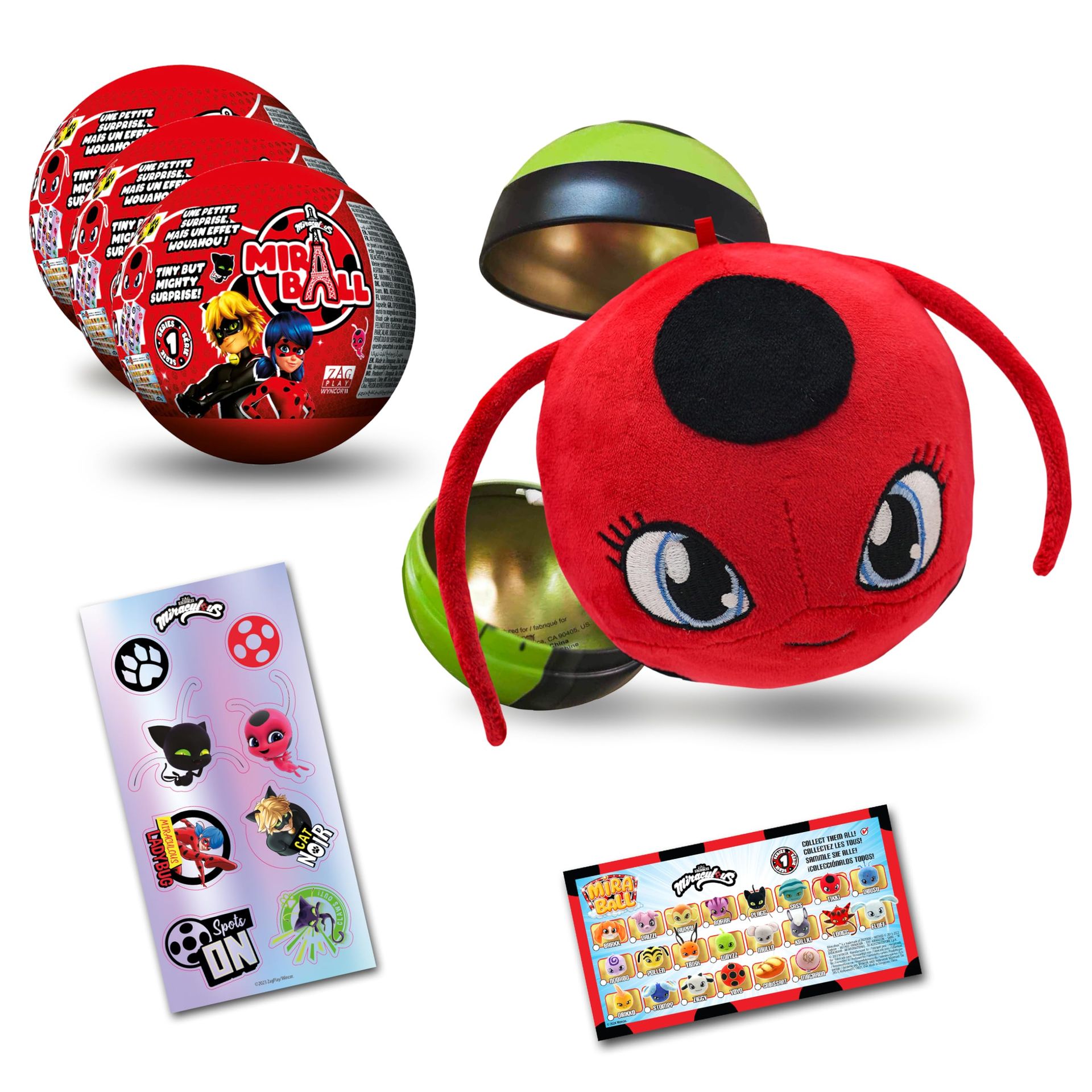 Miraculous Ladybug 4-in-1 Capsule Toy Pack of 3 with Plush Kwami, Metal Case & Stickers
