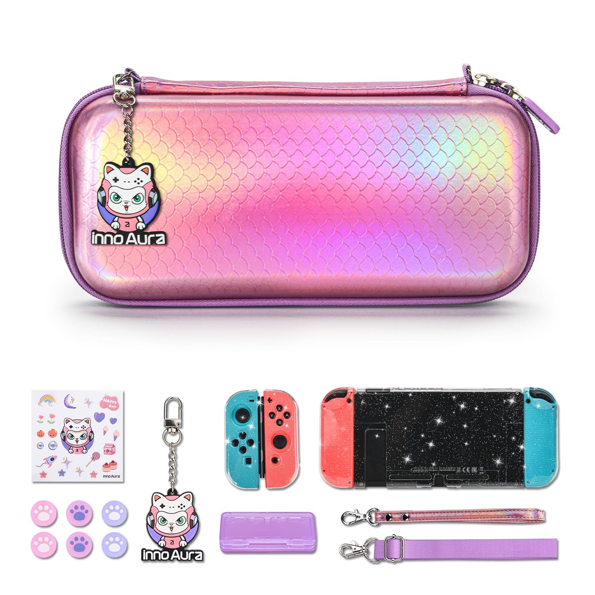 Switch Portable Case, innoAura 16 in 1 Switch Accessories with Pretty Switch Carrying Case, Switch Game Case, Switch Protective Case, Switch Screen Protector, Switch Thumb Caps (Mermaid Pink)