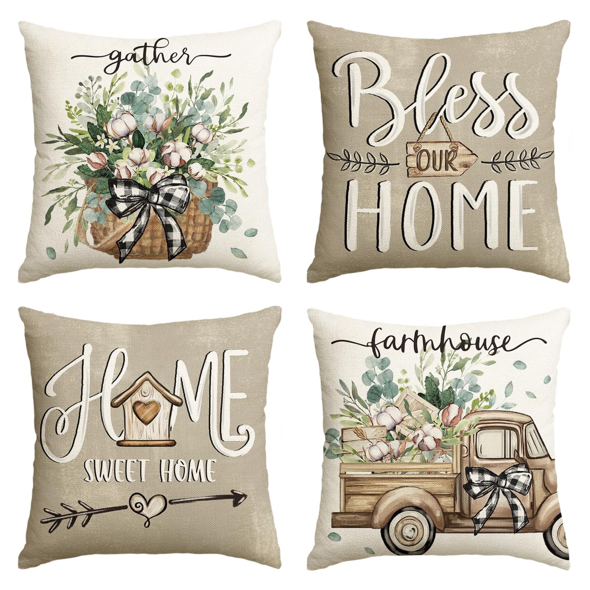 Decorative Cushion Covers Set of 4 Kapok Truck Flower Basket Spring Design Home Pillow Cases - Brown 45x45 cm