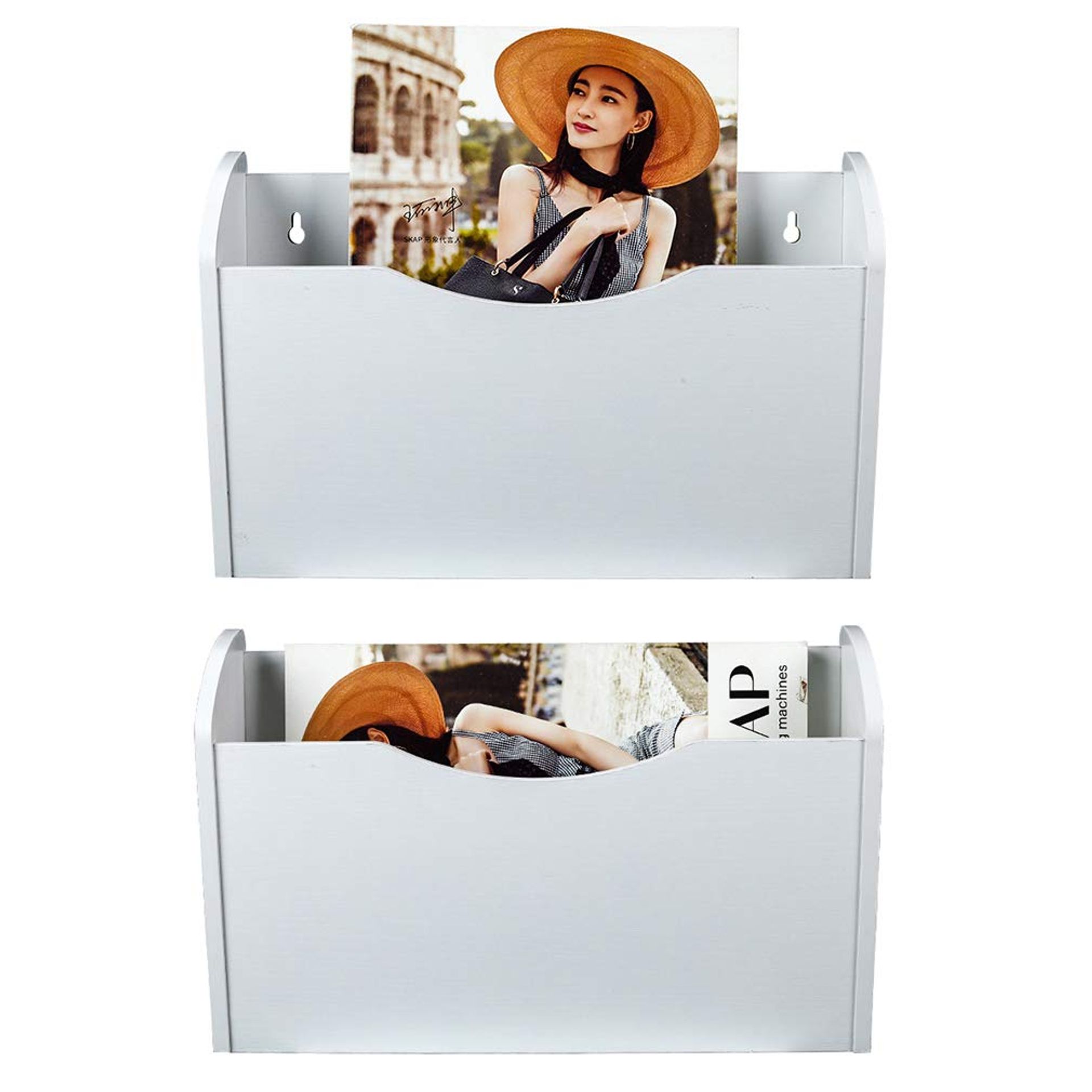 Wooden A4 Wall Mounted Magazine File Organiser Pack of 2 for Documents, Mail and Folders - White