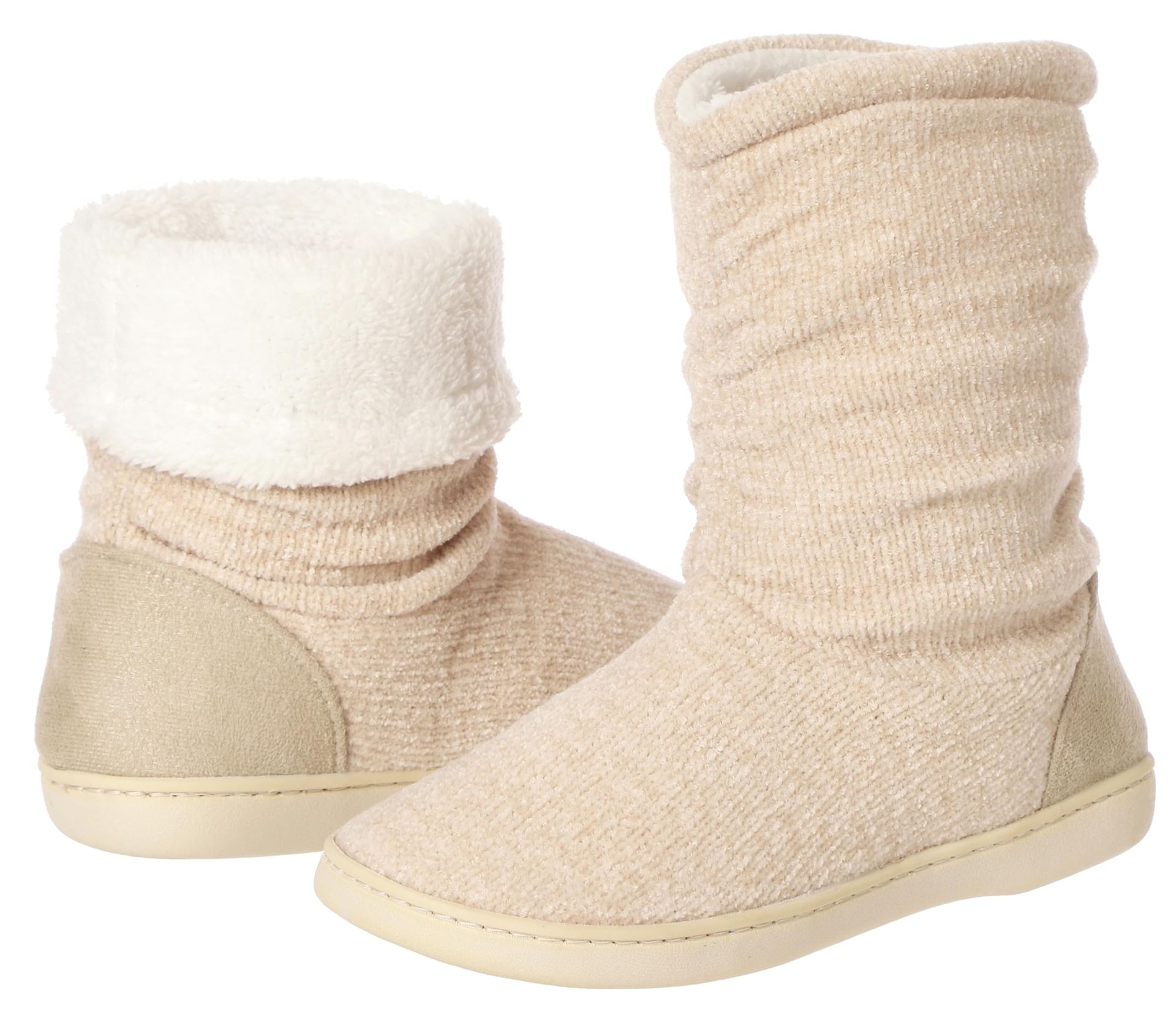 Warm Women's Slipper Boots with Non-Slip Memory Foam Sole - Knitted Fabric & Faux Fur Trim