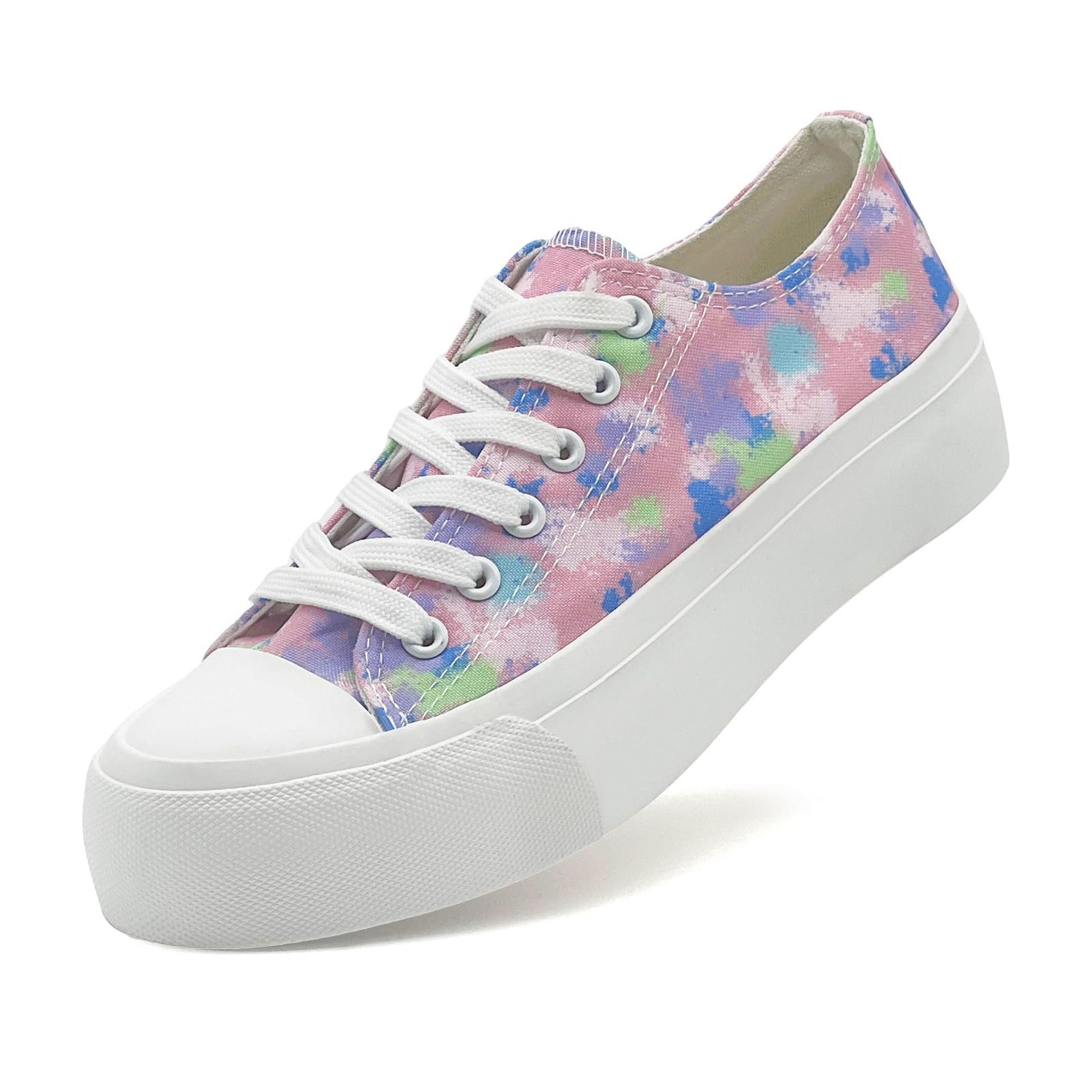 Women's Platform Trainers Casual Lace-Up Canvas Plimsolls Low Top Sneakers - Pink Rainbow UK 8