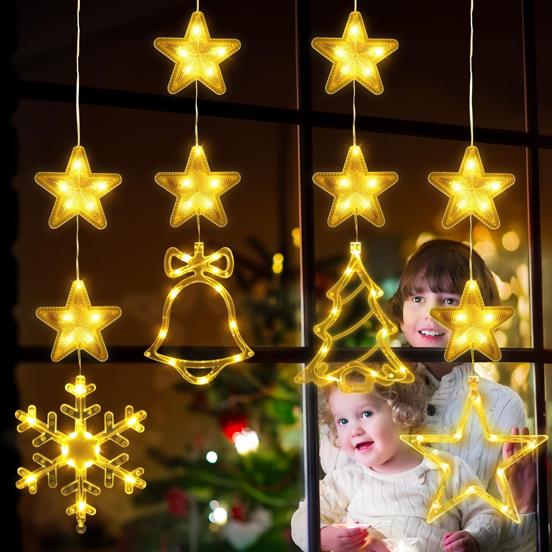 Festive LED Christmas Window Lights - 4 Pc Set with Suction Cups: Star, Tree, Snowflake, Bell