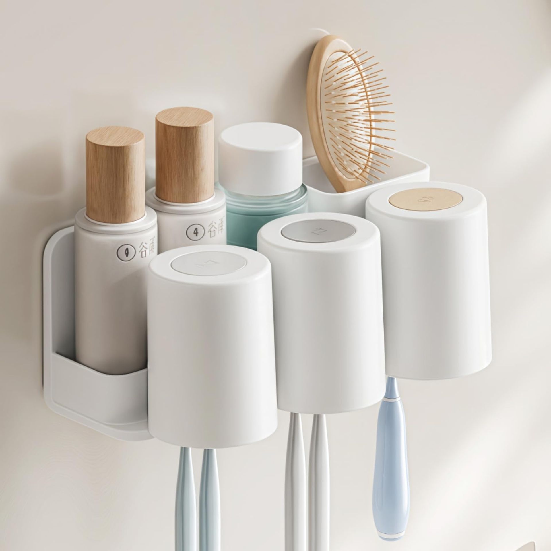 Wall Mounted Adhesive Toothbrush Holder Set with 3 Cups & 6 Brush Slots - Bathroom Organiser