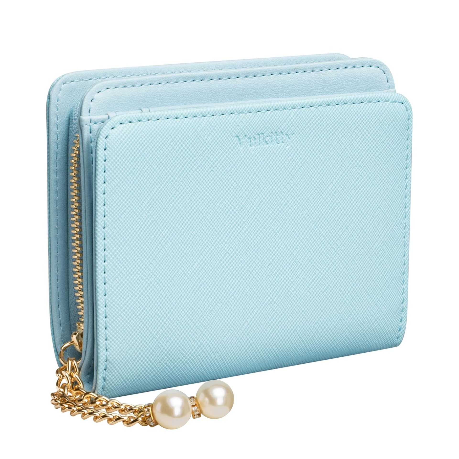 Women's RFID Blocking Leather Bifold Wallet with Double ID Windows and Zipper Coin Pocket - Azure One Size