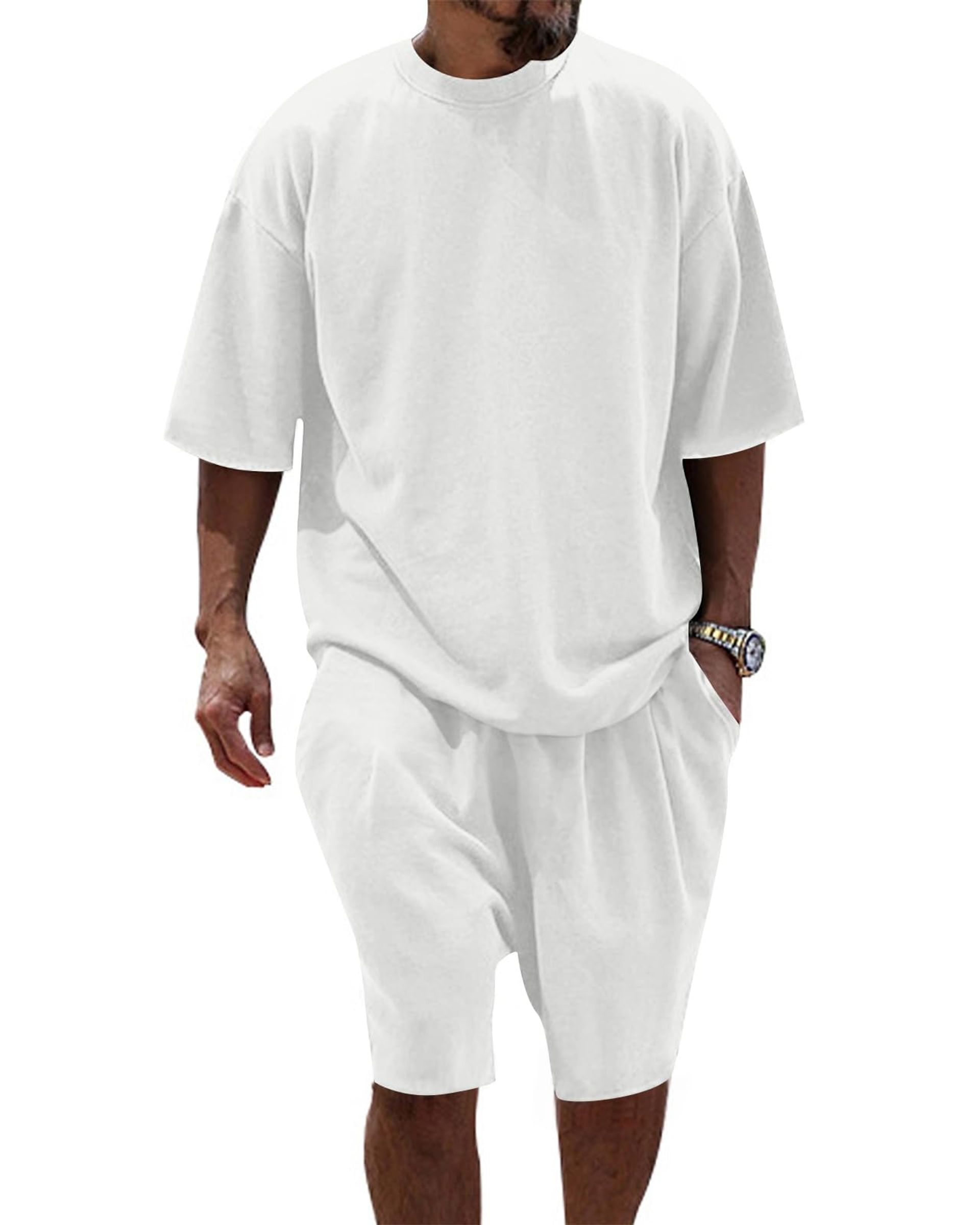 Men's 2 Piece Tracksuit Set with Half Collar Shirt & Shorts – White XXL Activewear