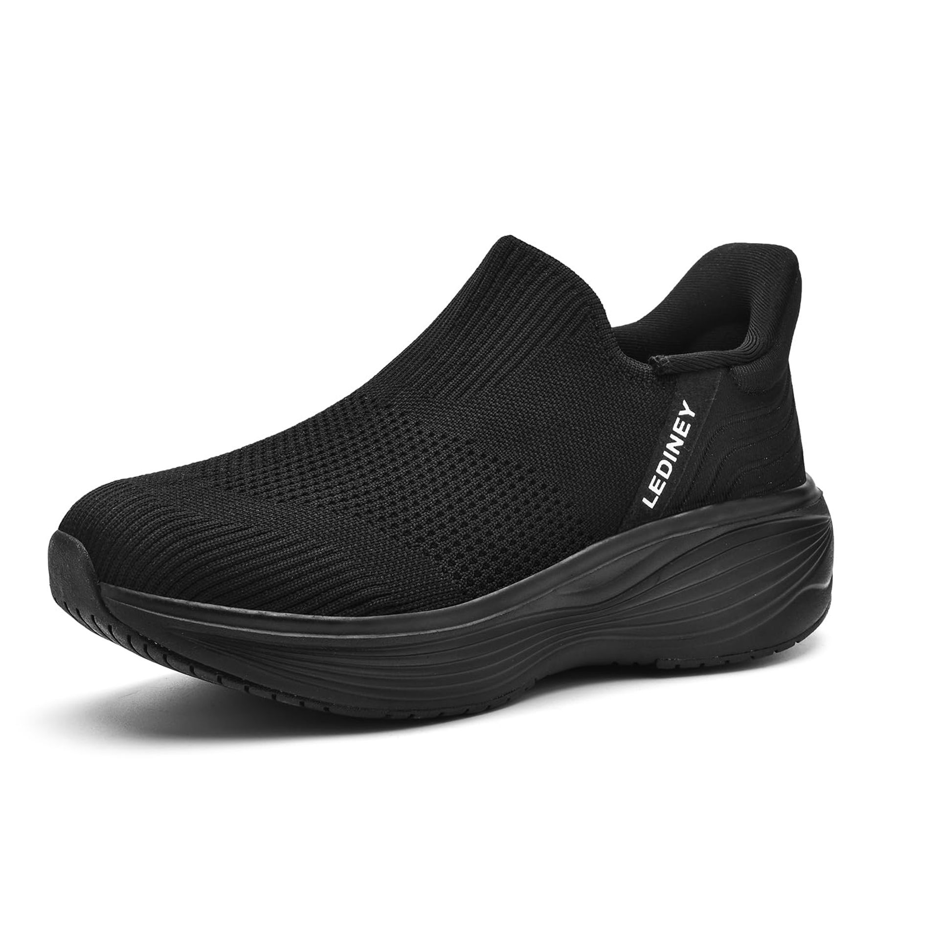 Women's Trainers Lightweight Slip-On Breathable Mesh Walking Shoes Platform Design - Black UK 5.5