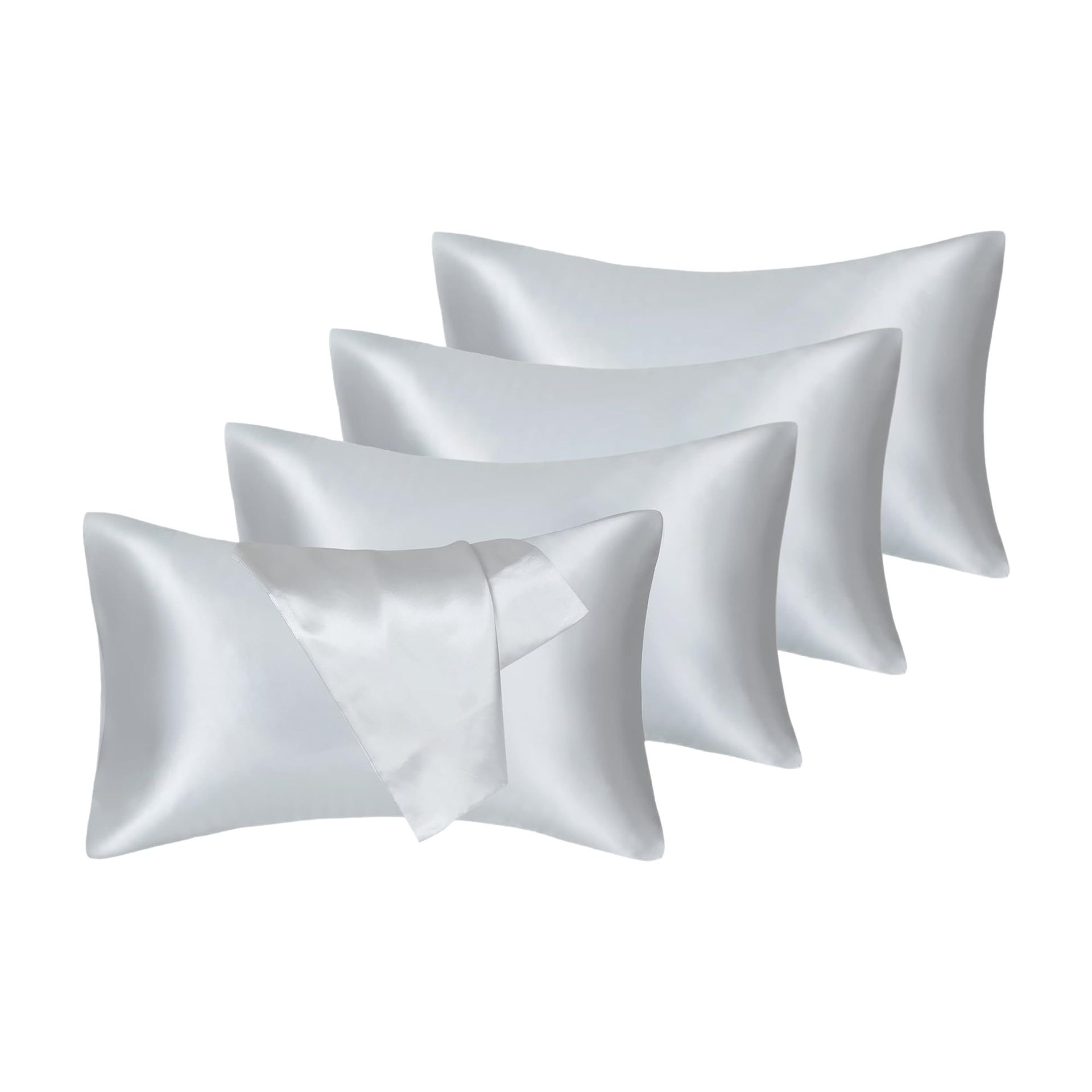 Luxurious Silver Satin Pillowcases for Hair & Skin - 4 Pack, Hypoallergenic, Ultrasoft, 50x75 cm