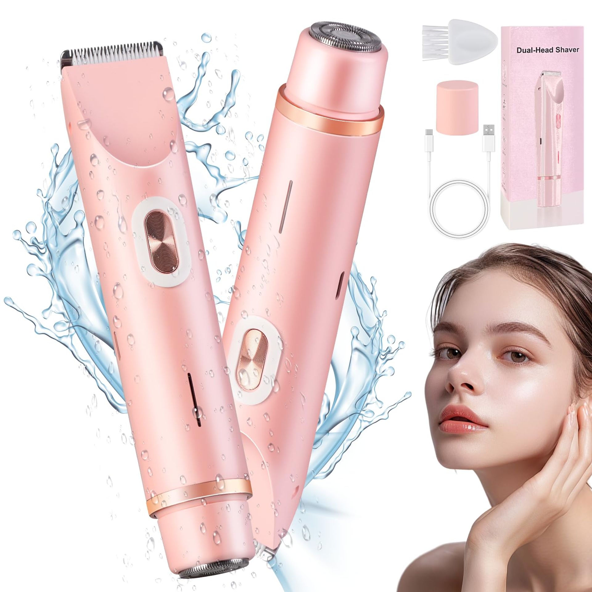 2 in 1 Lady Dual-Head Shaver IPX7 Waterproof Wet & Dry Hair Remover & Trimmer for Body, Face and Bikini - Pink WES-3