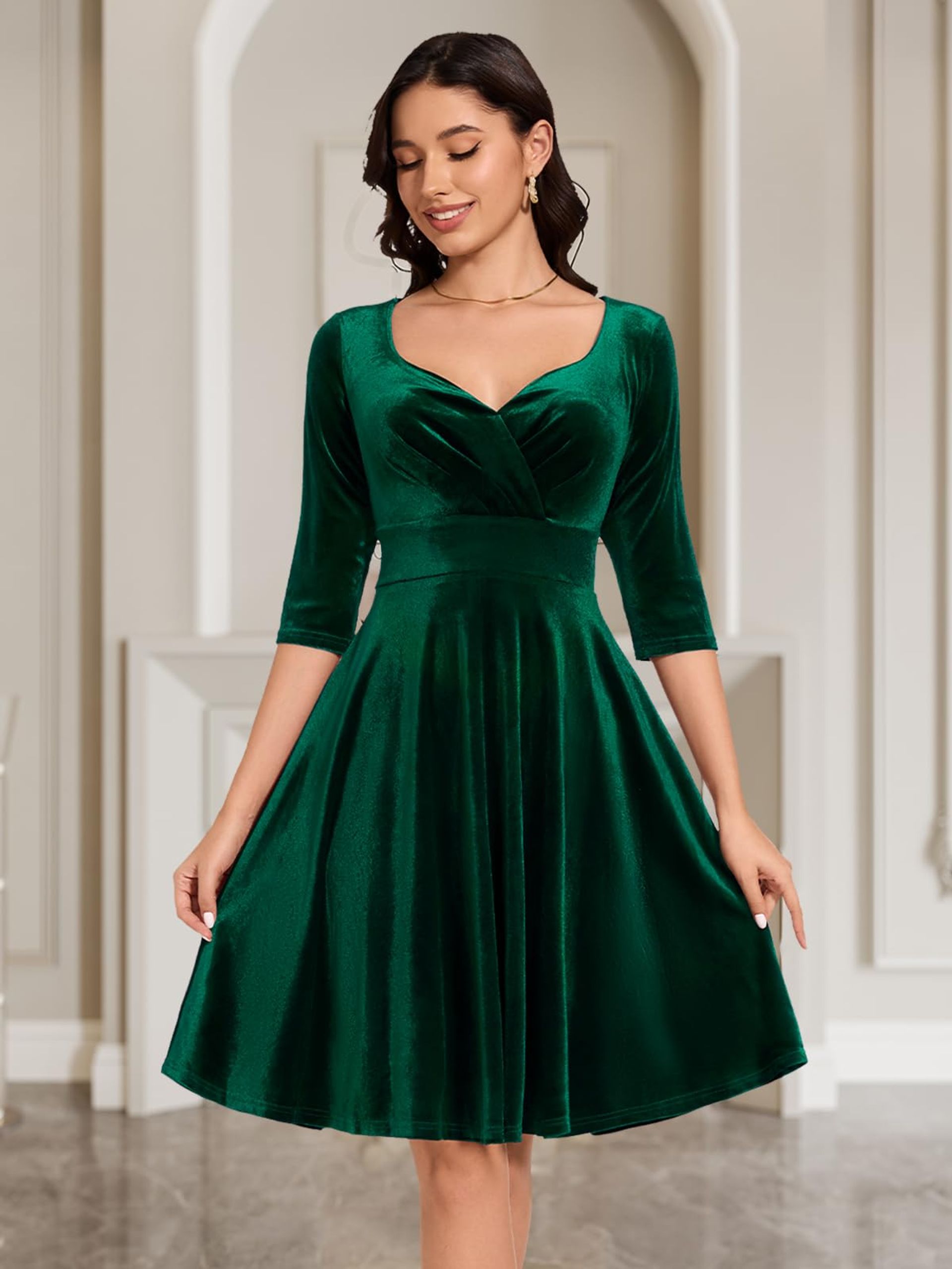 slim fit dress slacks Ever-Pretty Velvet Ruffles Sleeve Stretchy Double V-Neck A-Line Evening Dress main image 1