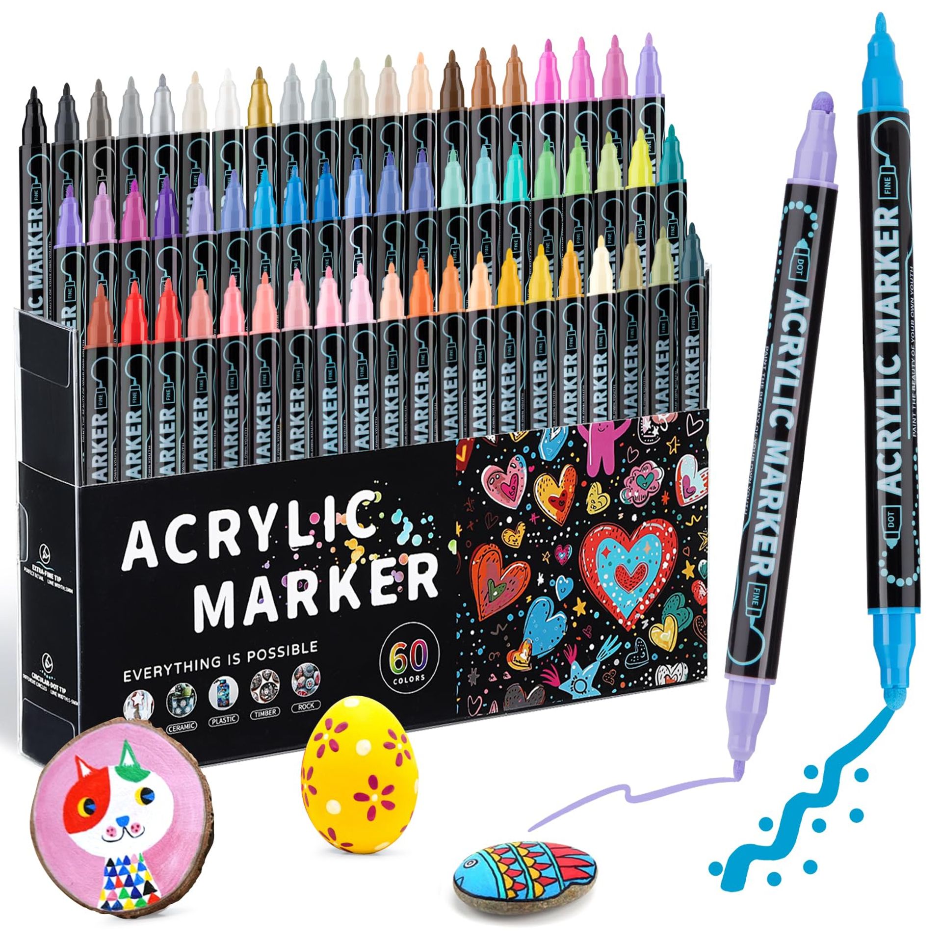 Acrylic Paint Pens Dual Tip 60 Colours Premium Markers for Wood, Glass, Rock & Crafts - Multicolour Pack of 60