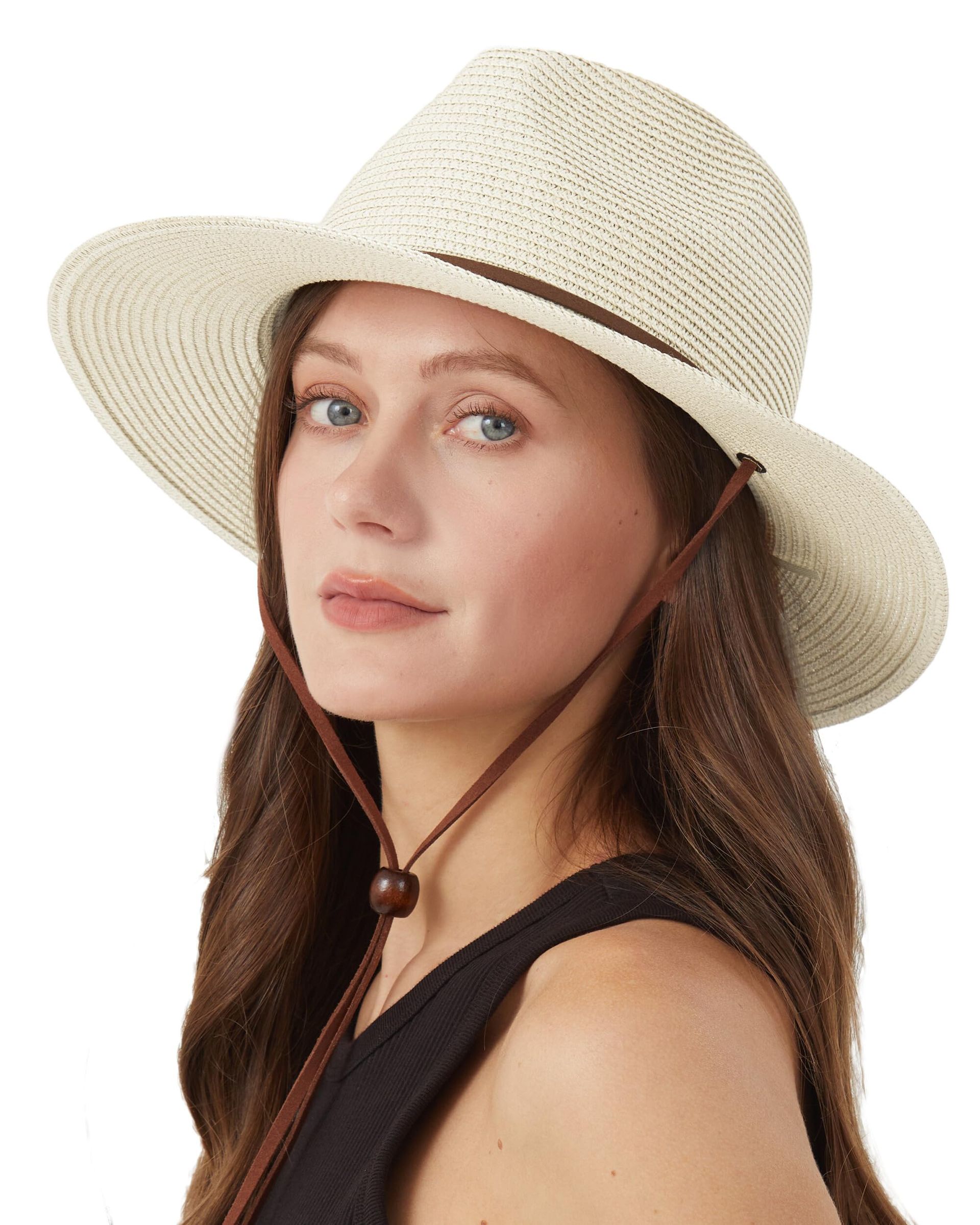 Unisex Straw Sun Hat with Chin Strap UV Protection Wide Brim Holiday Beach Hat - Strap-Ivory M