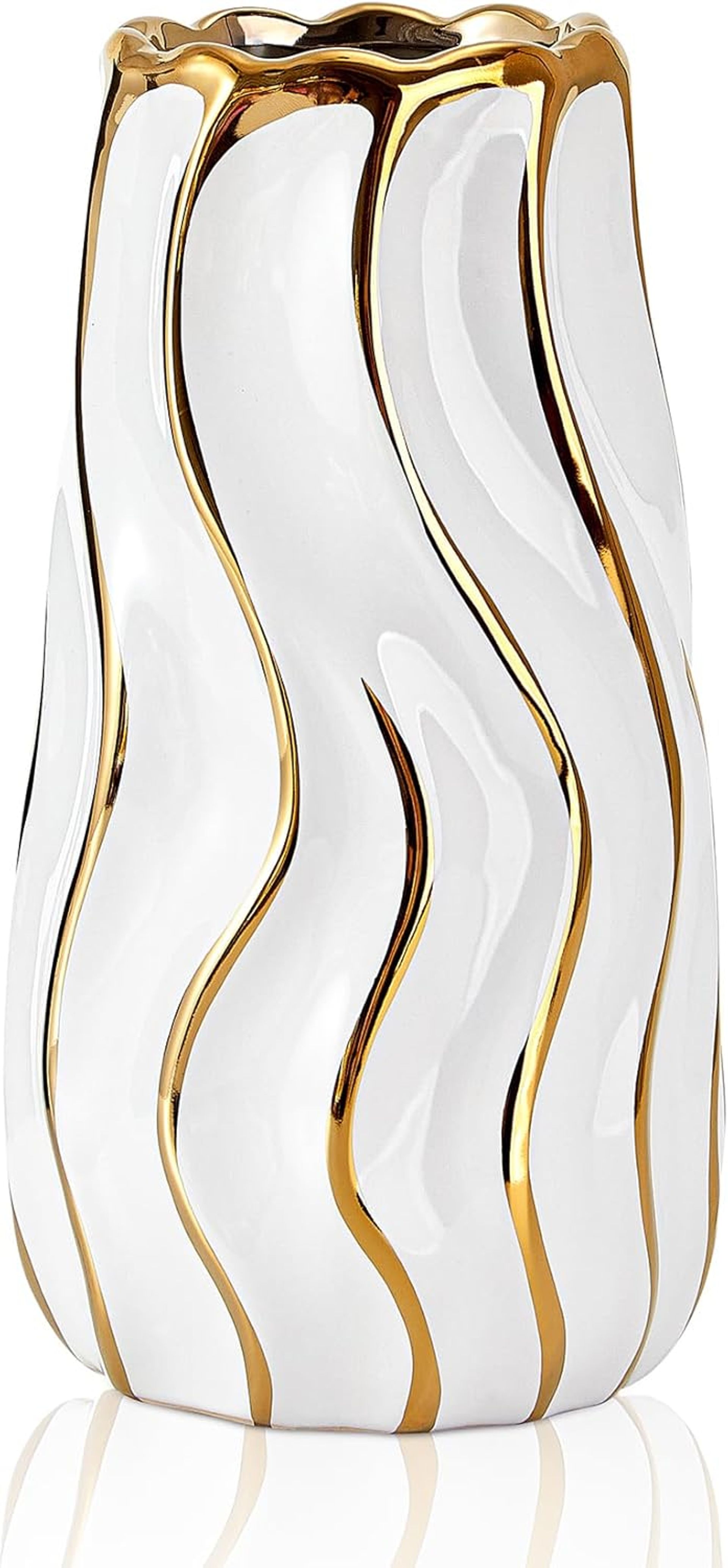 Ceramic Decorative Vase with Vertical Stripe Design, White Modern Centrepiece for Home & Table Décor, 9 Inch Tall
