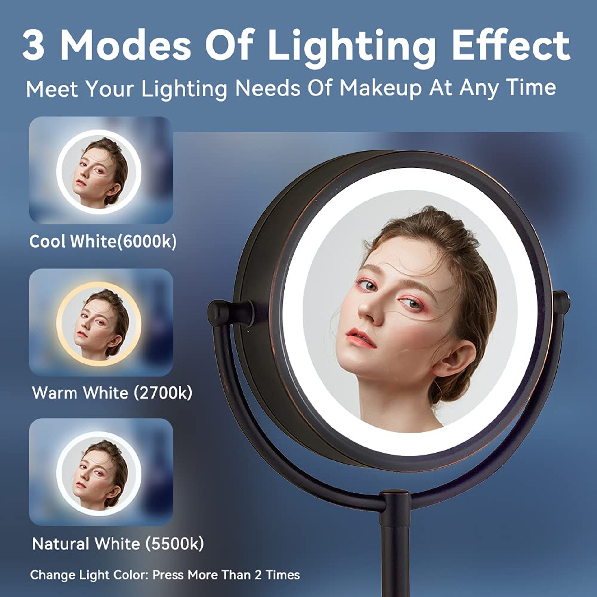Illuminated Table Mirror 1x/10x Magnification 360° Rotatable Double-Sided