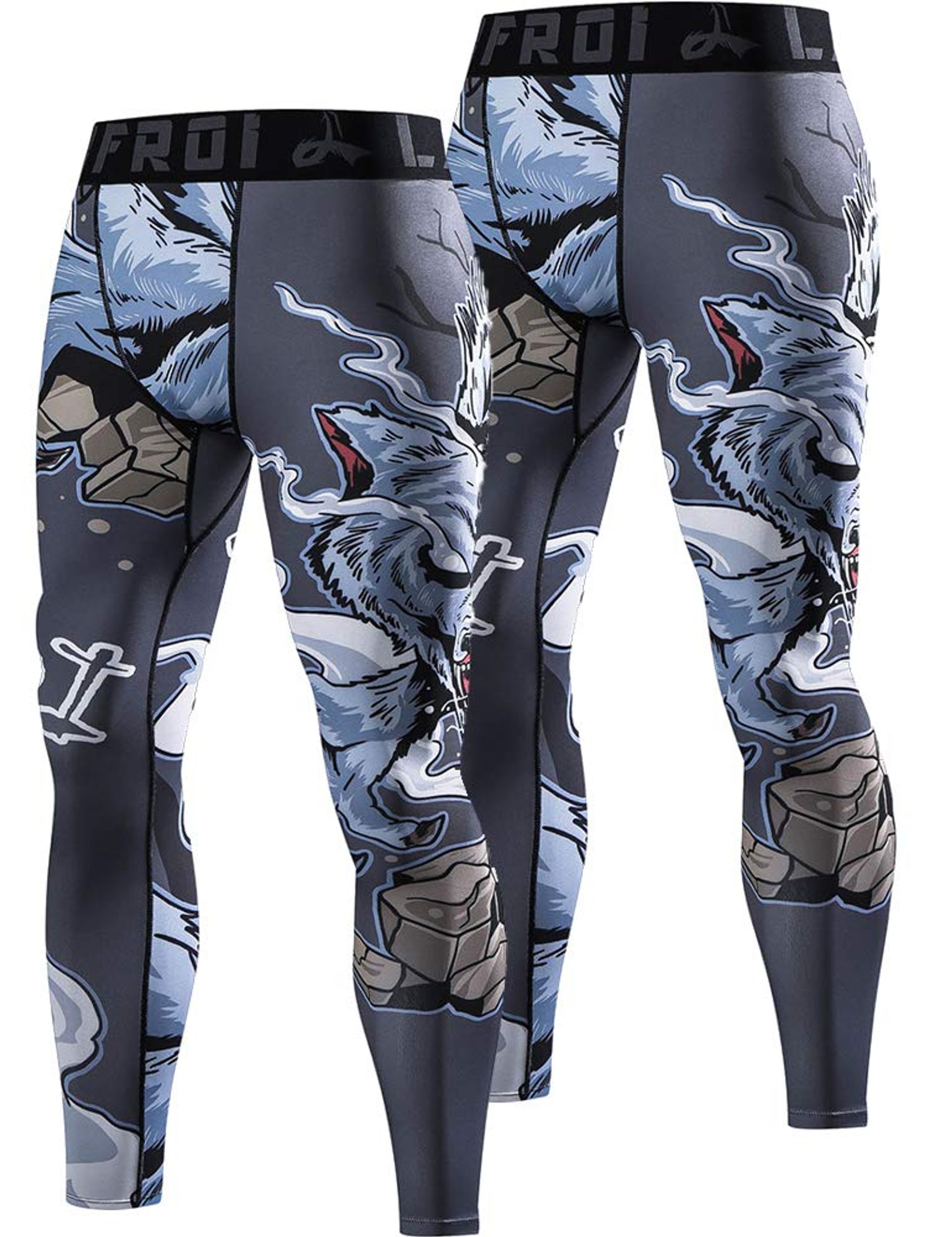 Men's 2-Pack Compression Fit Tights Leggings Quick Dry Sports Base Layer - Werewolf Print Size Small