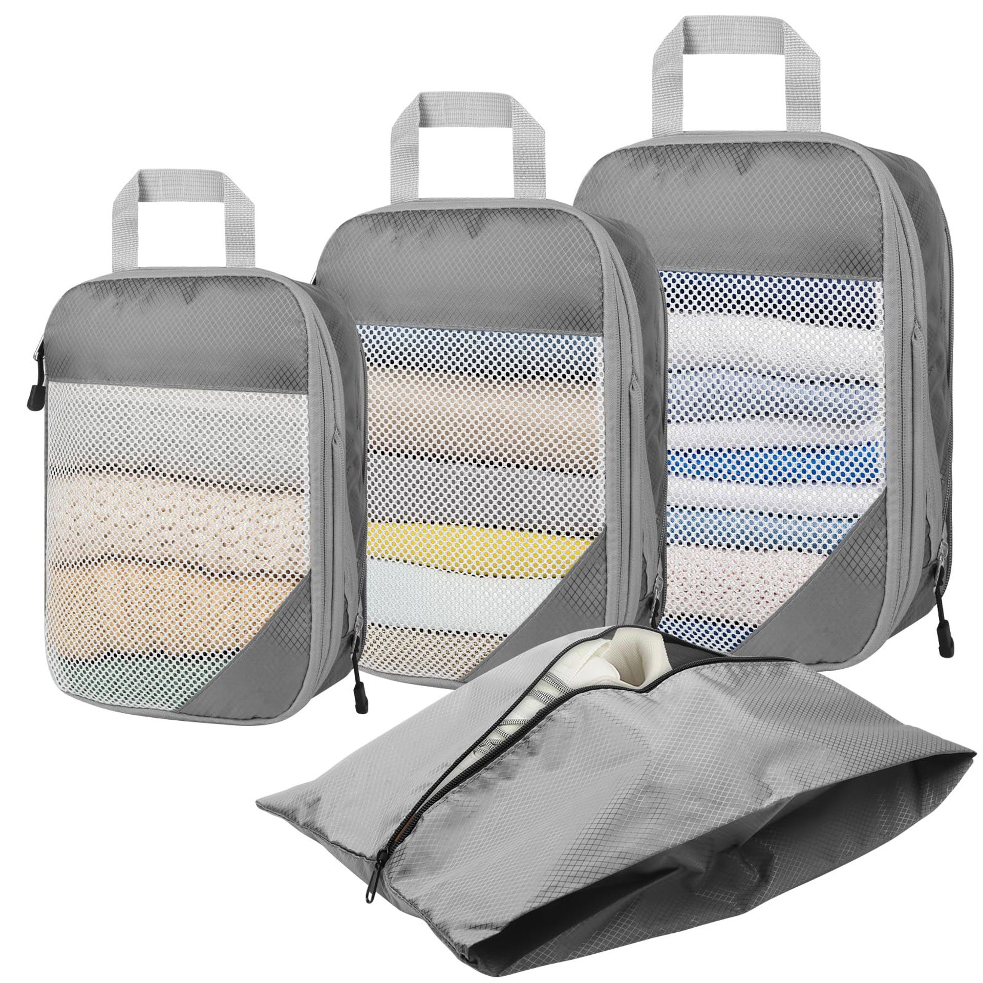 Chyaya Compression Packing Cubes, 4 PCS Travel Luggage Packing Organizers with Mesh Extensible Suitcase Organiser for Travel or Home Storage (Grey)