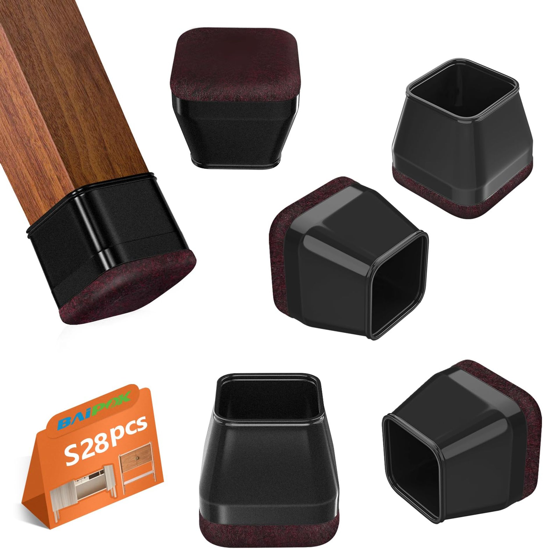 Chair Leg Floor Protectors Silicone Rubber Caps with Felt Pads for Square Furniture Feet Hardwood Floor Protection - Dark Red S(23-29mm)