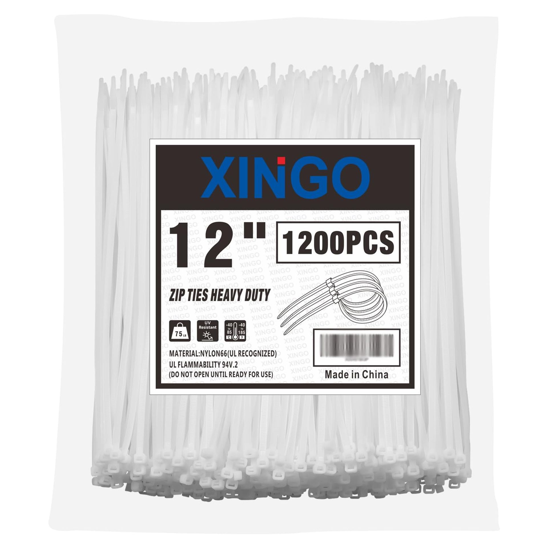 1200 PCS White Cable Ties 300mm x 4.8mm, 85 LBS Tensile Strength, UV Resistant, Self-Locking for Indoor/Outdoor Use