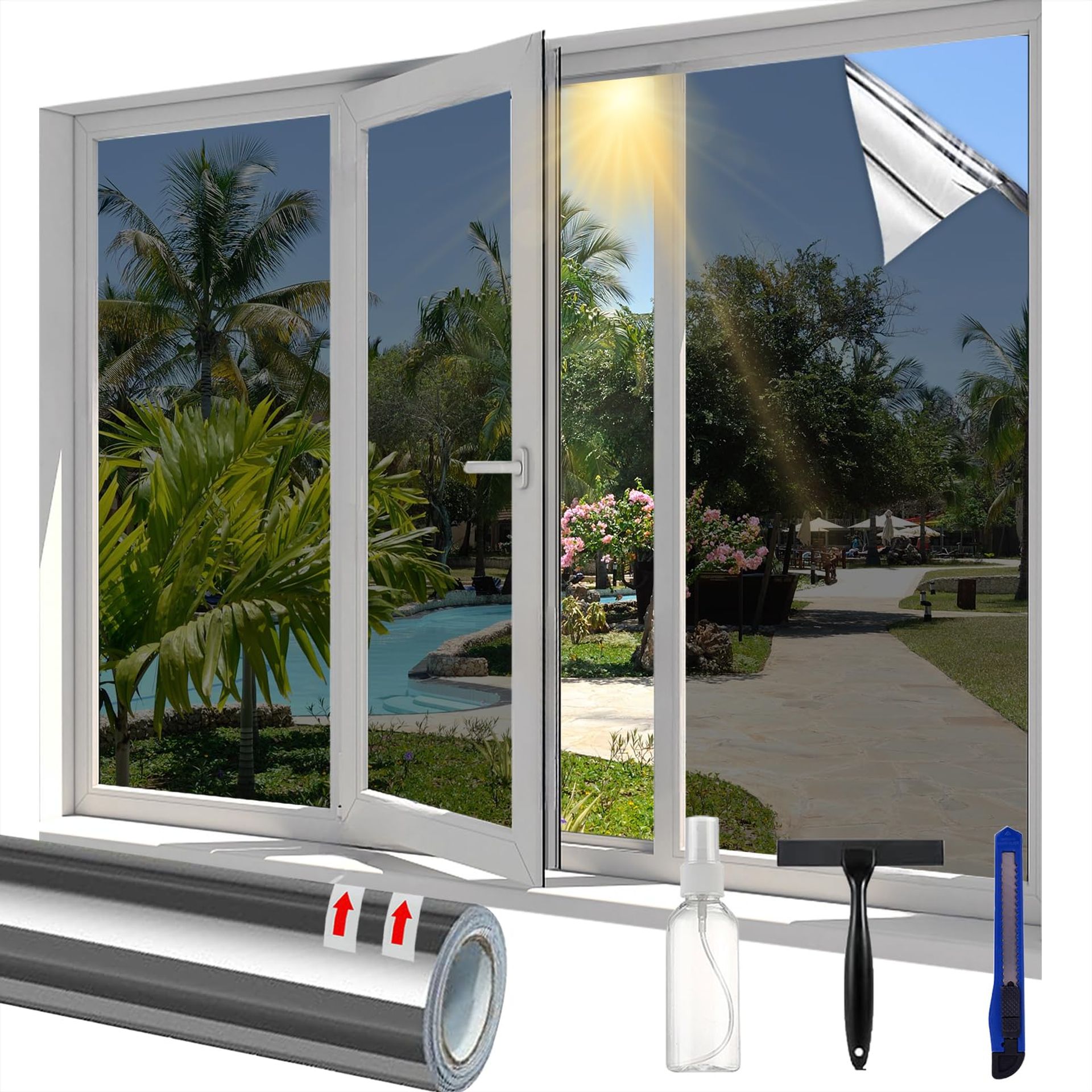 Linarun One Way Window Film Privacy, Heat Reflective Privacy Film for Glass Windows,Daytime Anti Glare Mirror Film with Adhesive, Window Tint Film Sun Blocker for Home Office (Silver, 40 * 400cm)