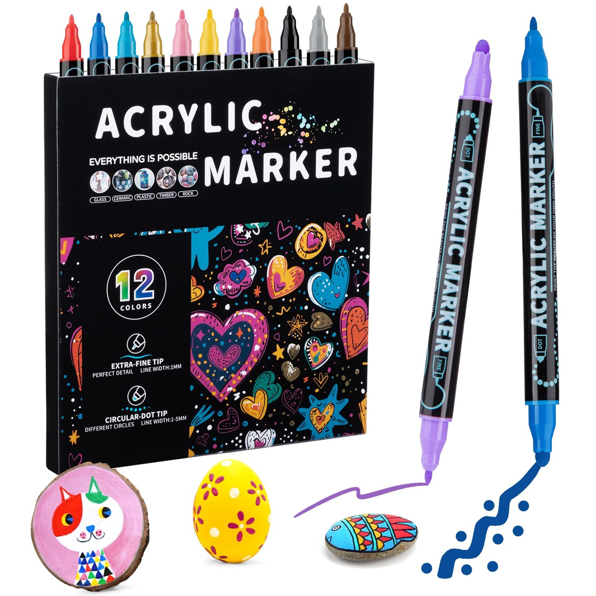 Dual Tip Acrylic Paint Pens Set 48 Colours for Wood, Rock, Glass, Canvas & Crafts - Multiple Colours 48 Pack