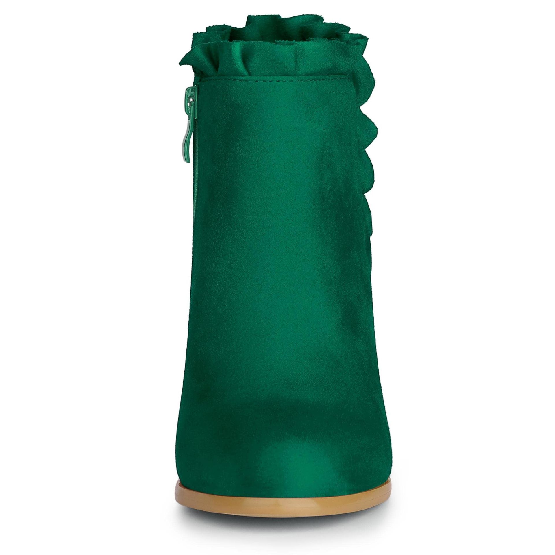 Women'S Emerald Green Ruffle Block Heel Ankle Boots With Round Toe & Faux