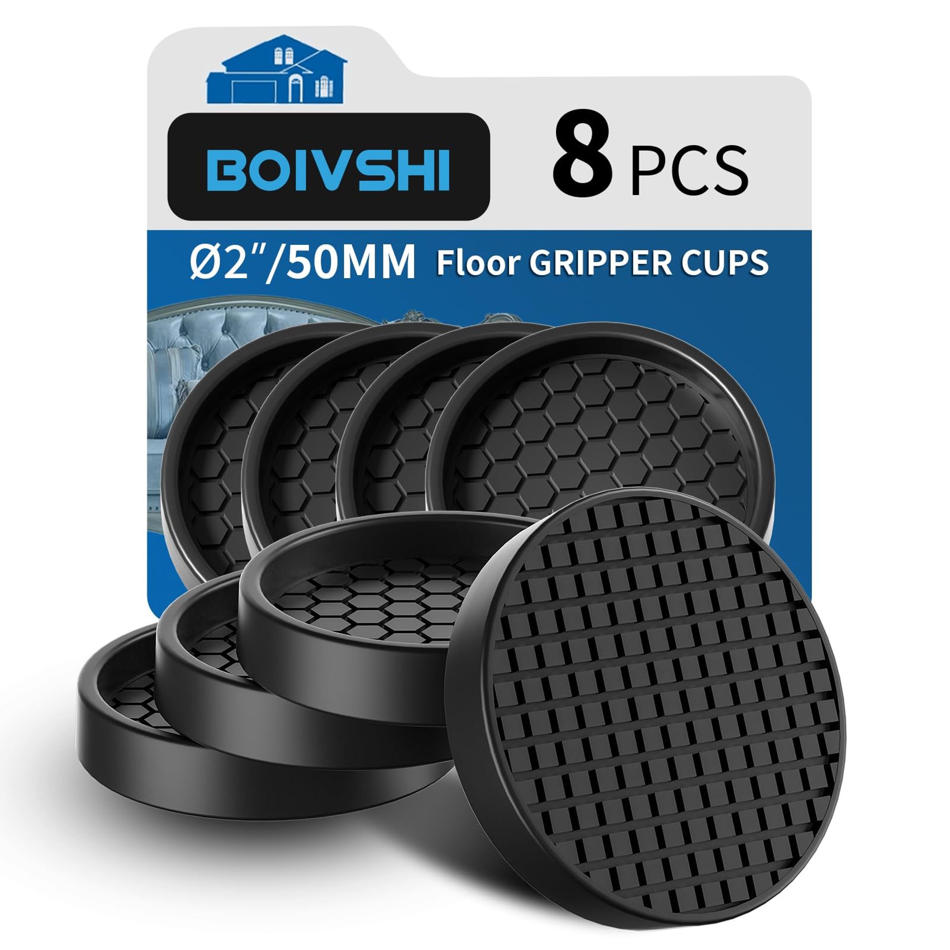 Non-Slip Silicone Furniture Cups 50mm, Floor Protectors, Bed & Sofa Feet Pads, Prevent Scratches on Hardwood & Laminate Floors, 8pcs Black