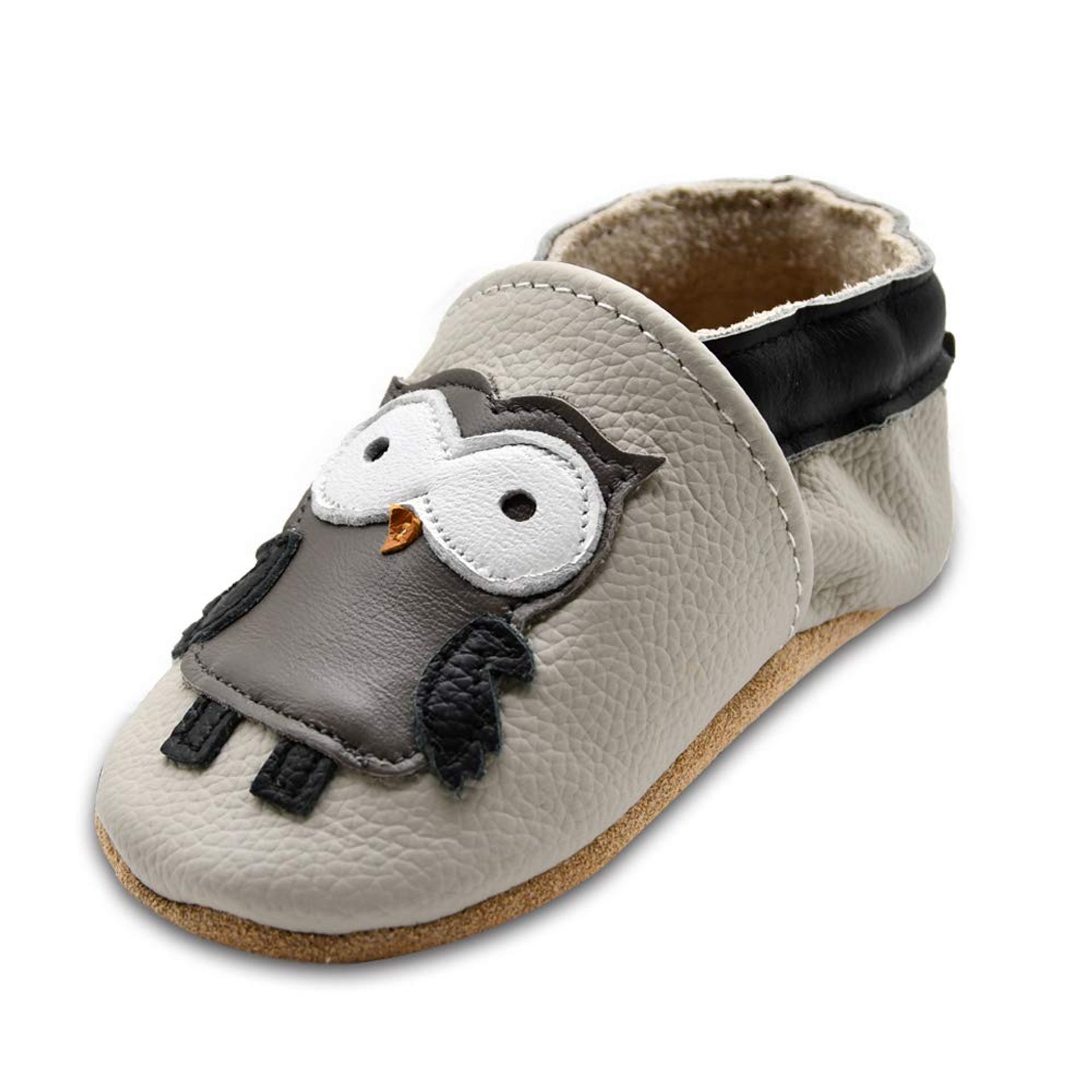 Soft Leather Baby Prewalker Moccasins Non-Slip Suede Sole - Grey Owl 6-12 Months