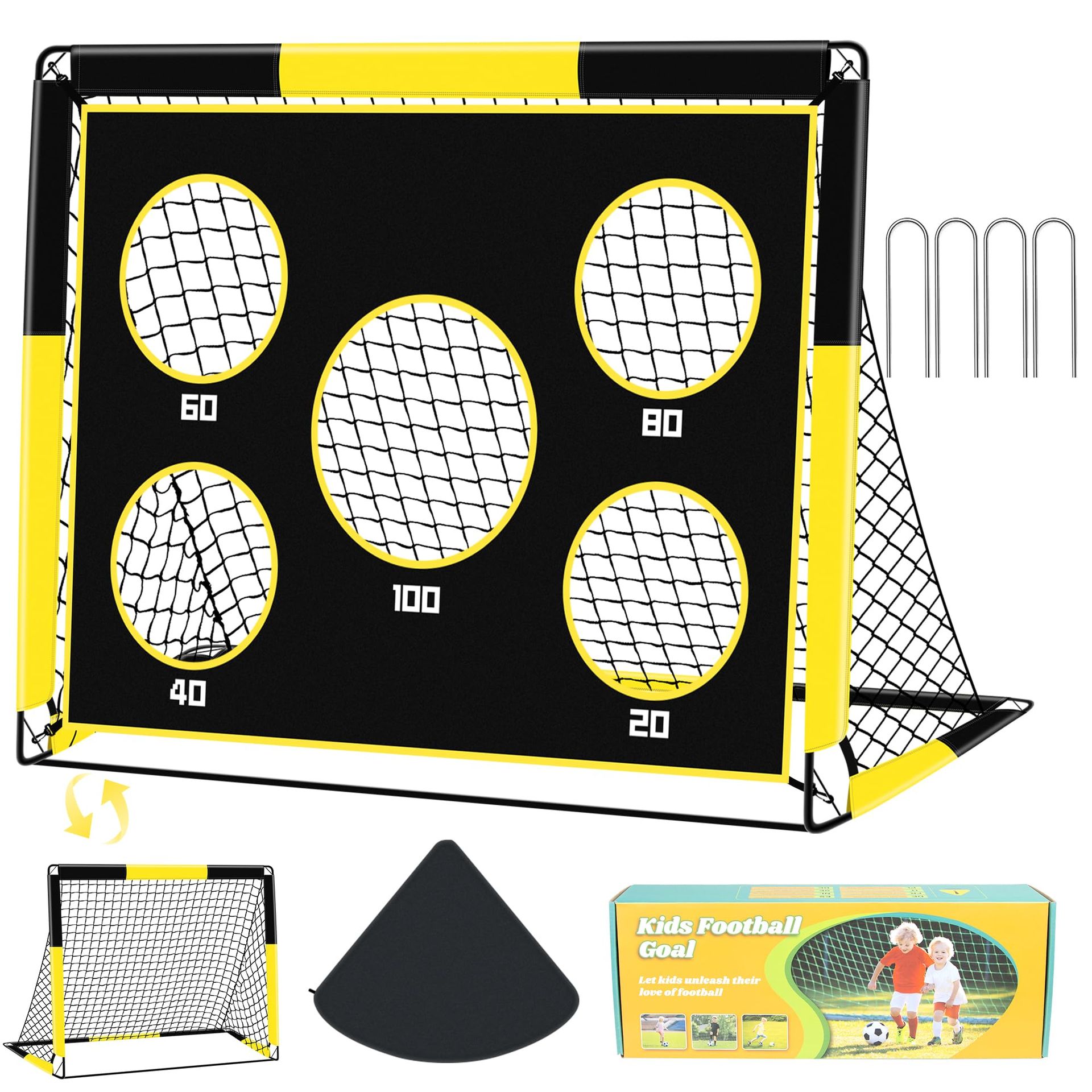 2-in-1 Football Goal for Kids Portable Soccer Net with 5 Target Zones Foldable Design for Garden or Beach Play - Yellow 120x90x90cm