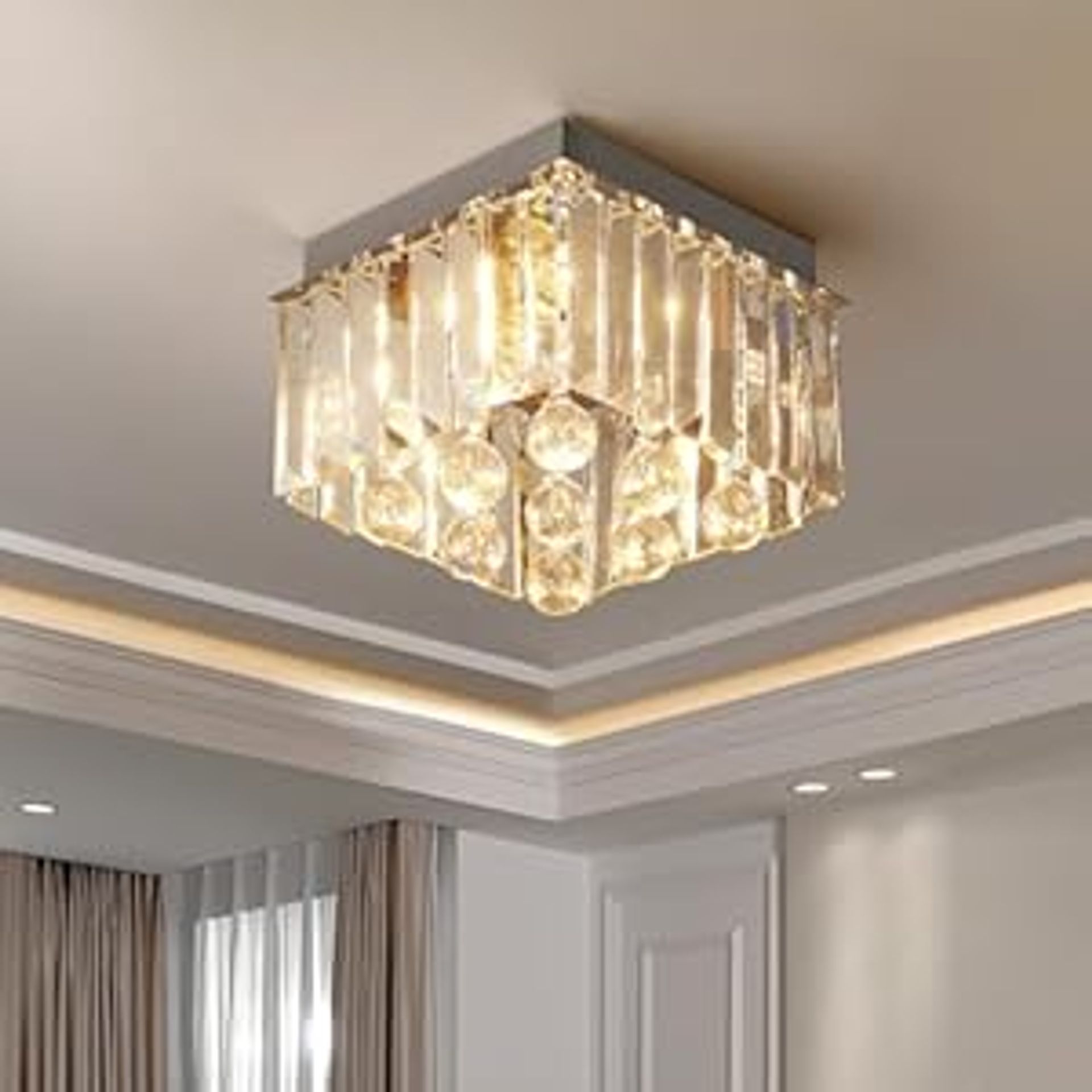 Modern Crystal Chandelier LED Flush Mount Ceiling Light Fixture for Living Room, Hallway and Bedroom - Warm Light 7.8 x 5.9 Inches Square