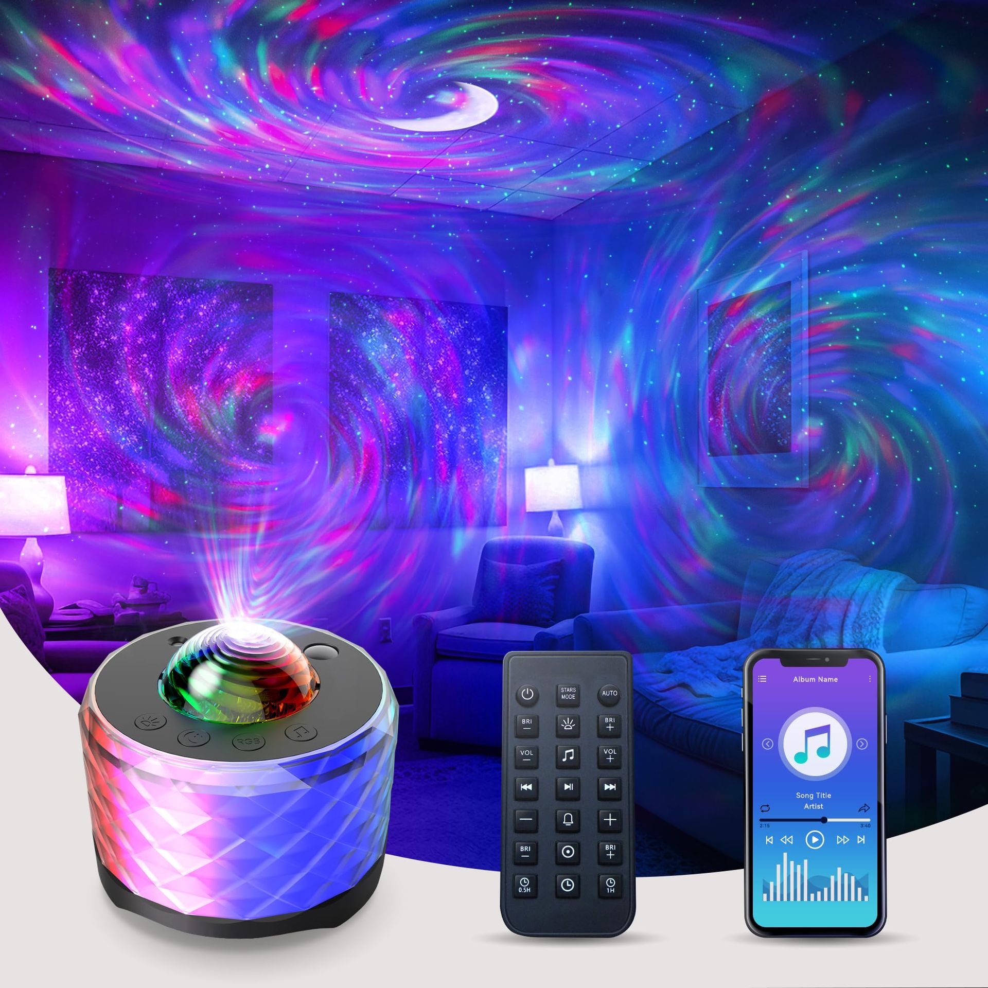 Galaxy Projector with Remote Control, Bluetooth, Timer, White Noise & Colour Changing Night Light, Perfect for Bedroom