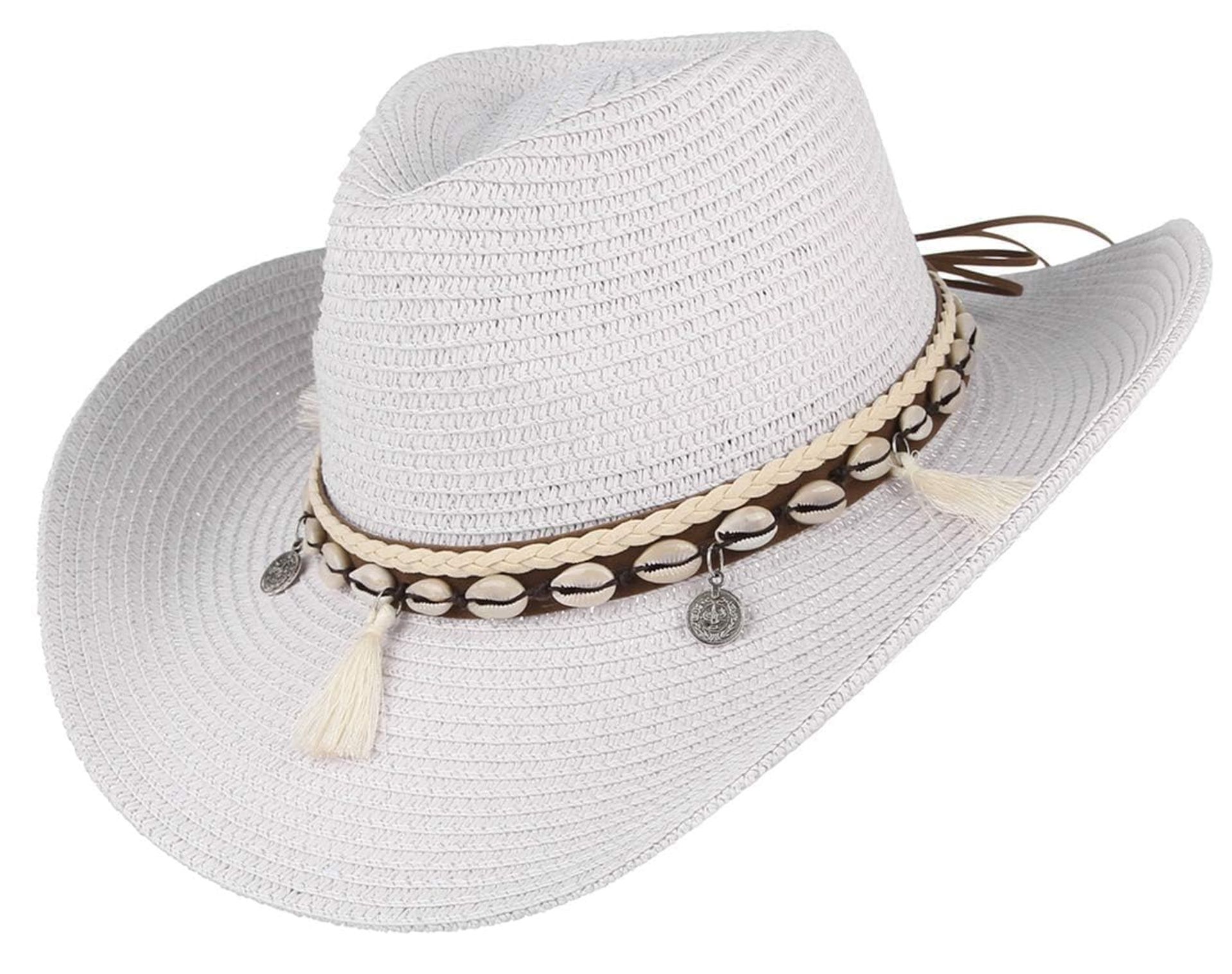 Women's Straw Cowboy Hat Wide Brim Sun Hat with Shell Band Holiday Beach Style - White 7 1/8
