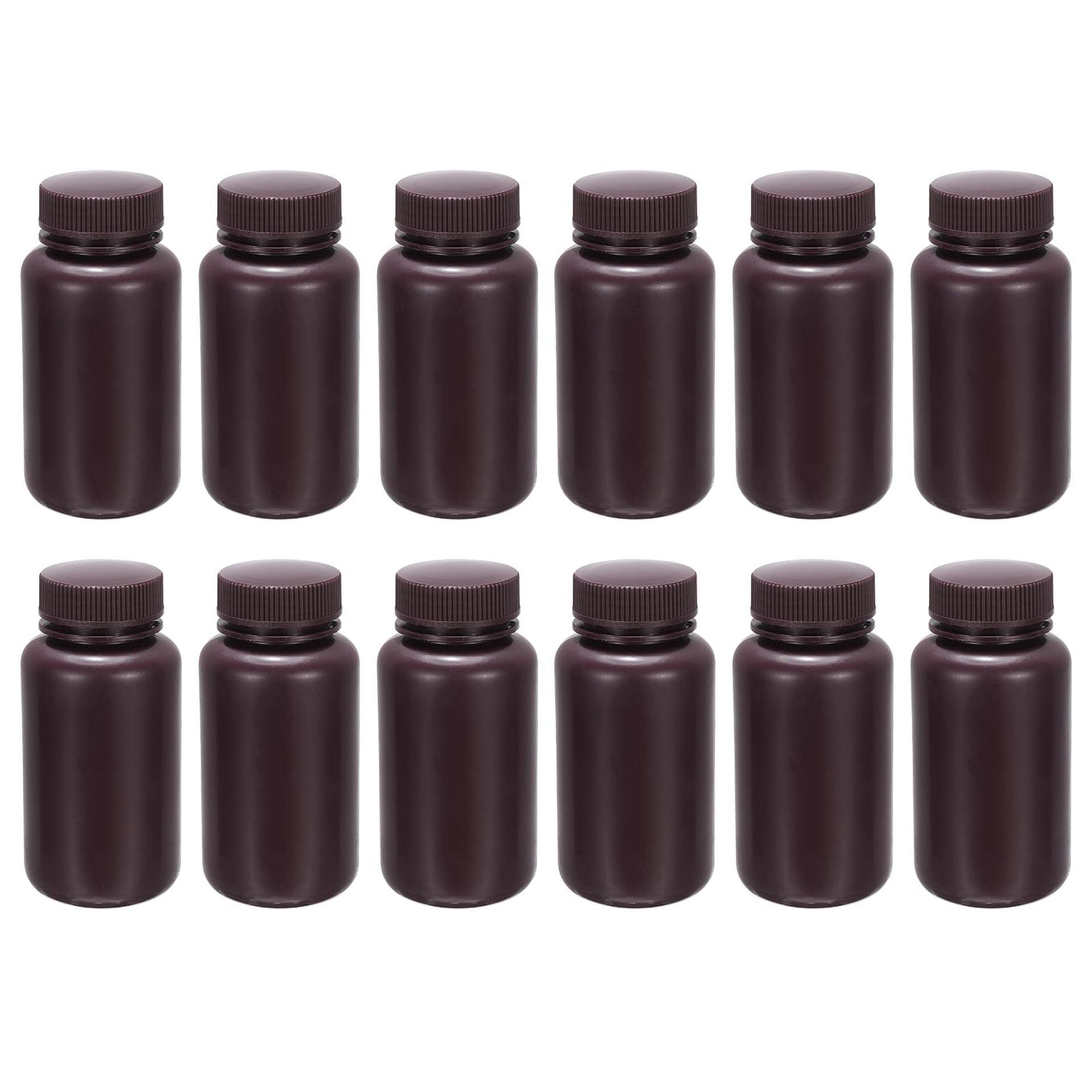 12 Pack 250ml Wide Mouth Reagent Bottles with Screw Caps – PP Plastic Leakproof Lab Sample Storage, Brown