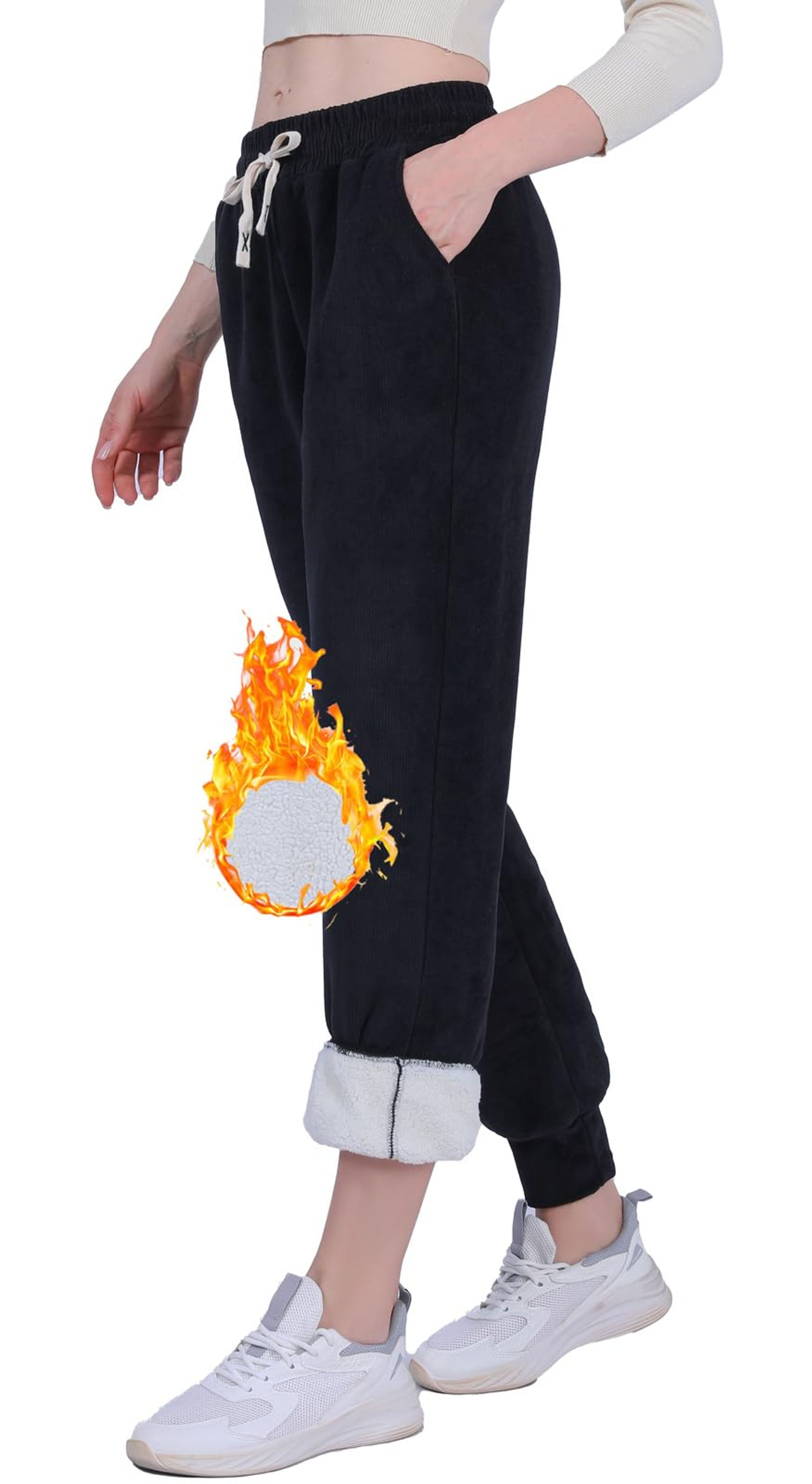 Women's Corduroy Sherpa Fleece Lined Joggers Thermal Winter Sweatpants with Drawstring and Pockets - Black UK 12