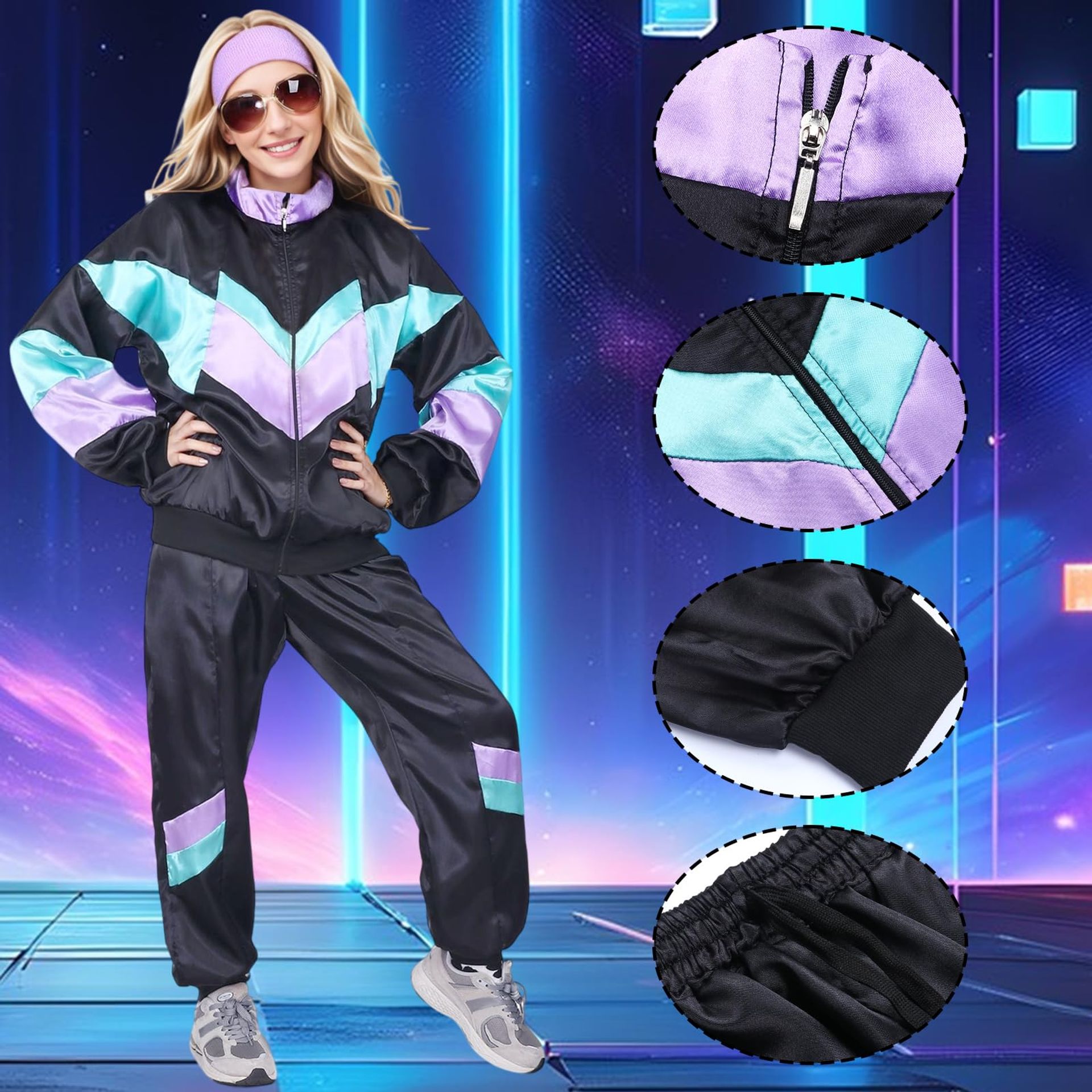 80s 90s Retro Fancy Dress Costume Set For Men & Women With Tracksuit, Acc